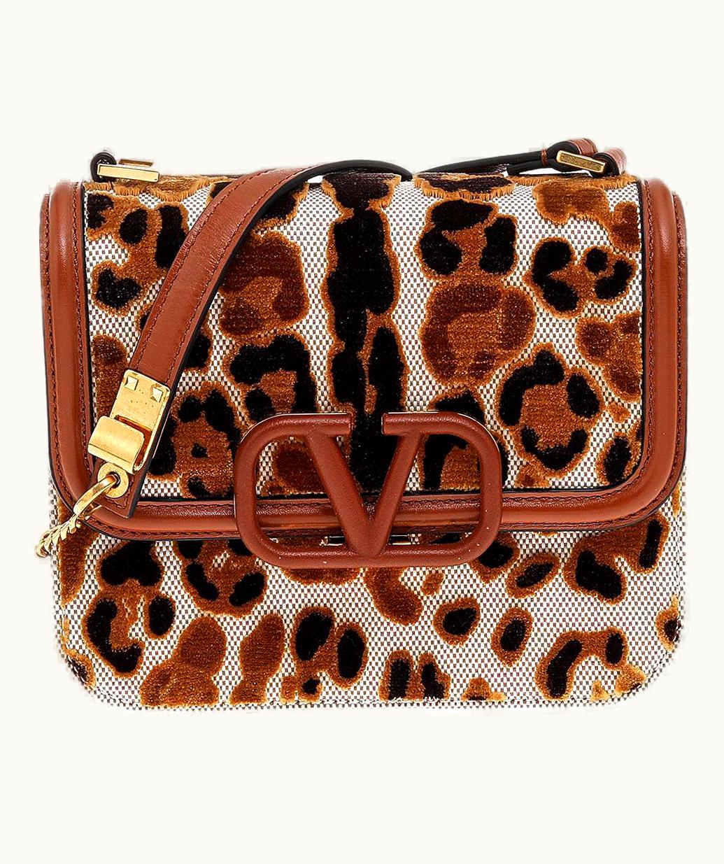 Valentino Beige/Brown Canvas/Velvet And Leather V Sling Shoulder Bag