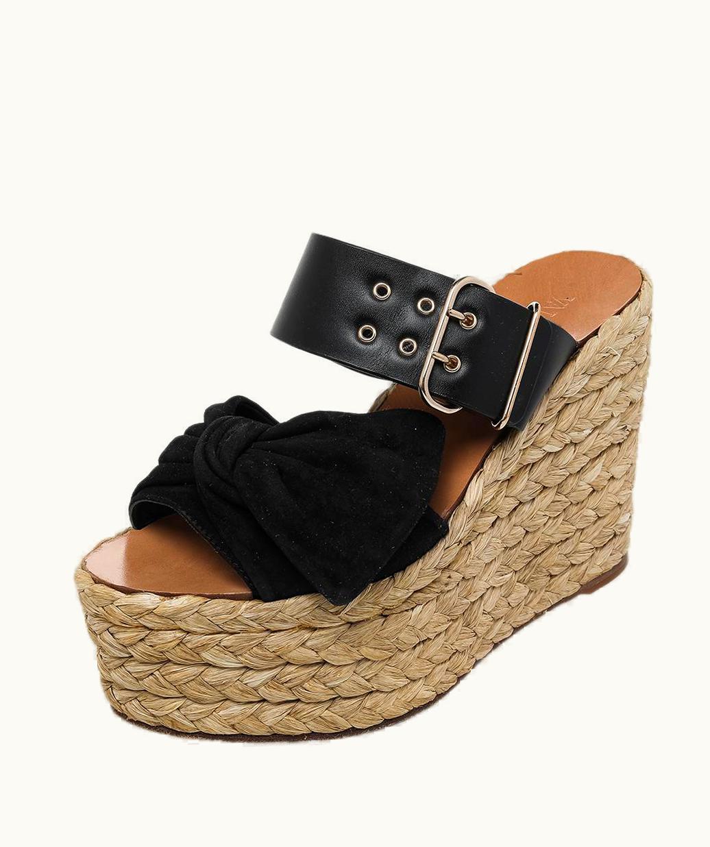 Valentino Black Leather And Suede Bow Espadrille Wedge Sandals
