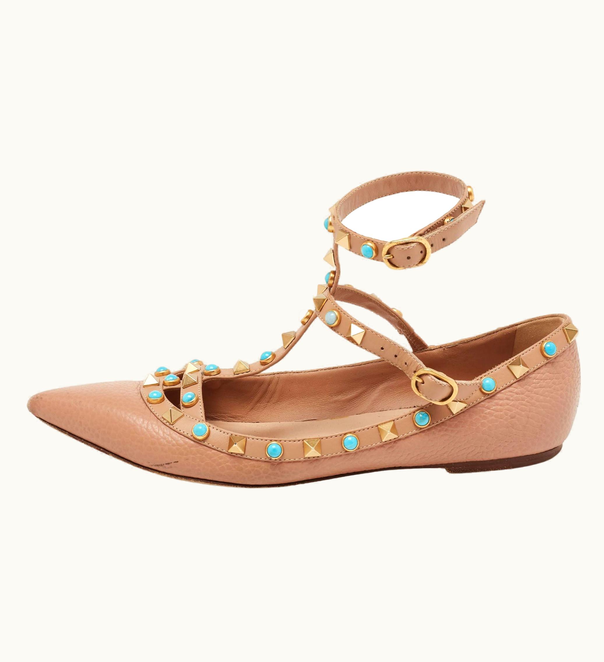 Valentino Beige Leather Rolling Rockstud T-Strap Ballet Flats