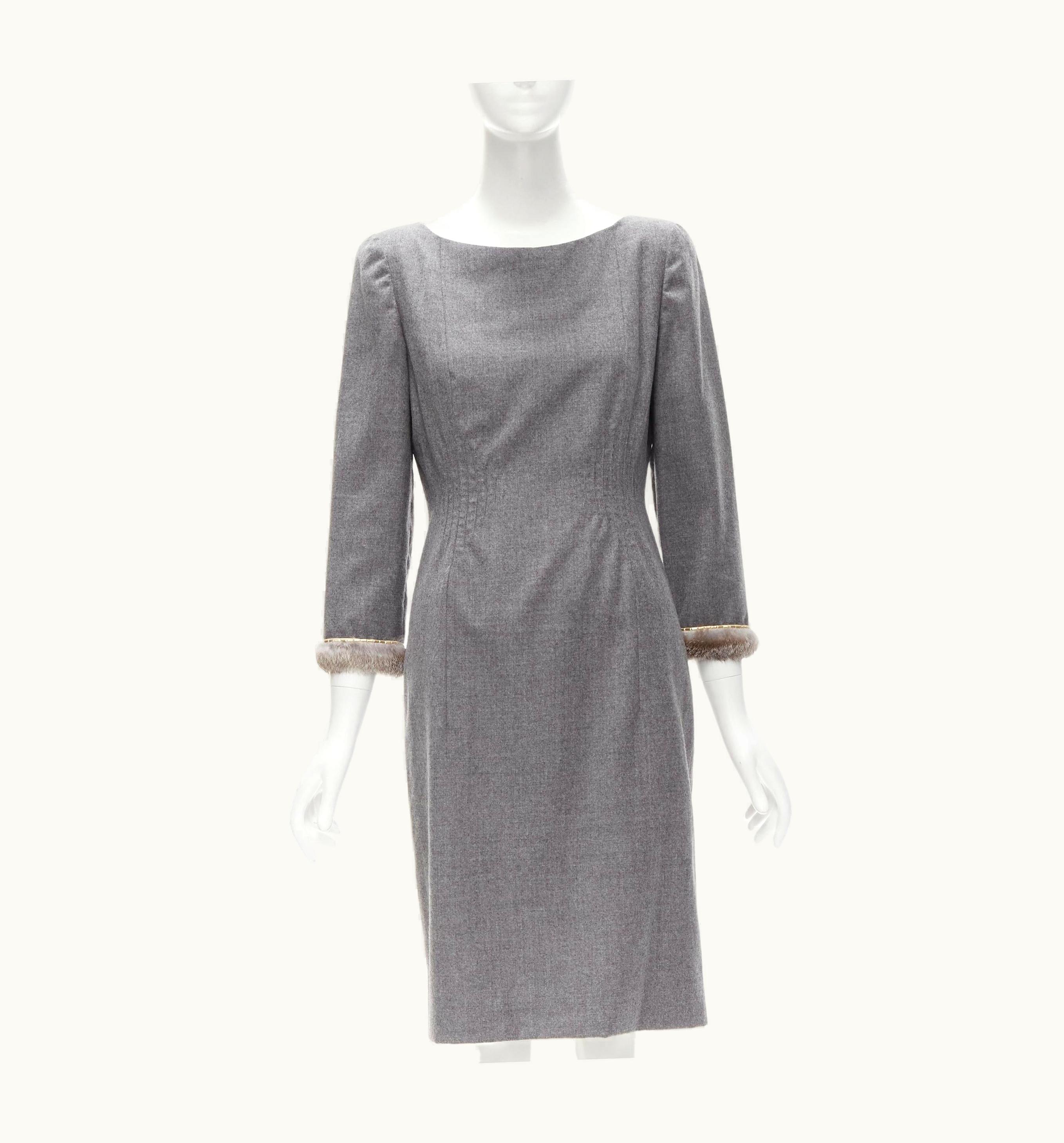 Valentino Vintage Grey Wool Cashmere Fur Cuff Pinched Waist Dress