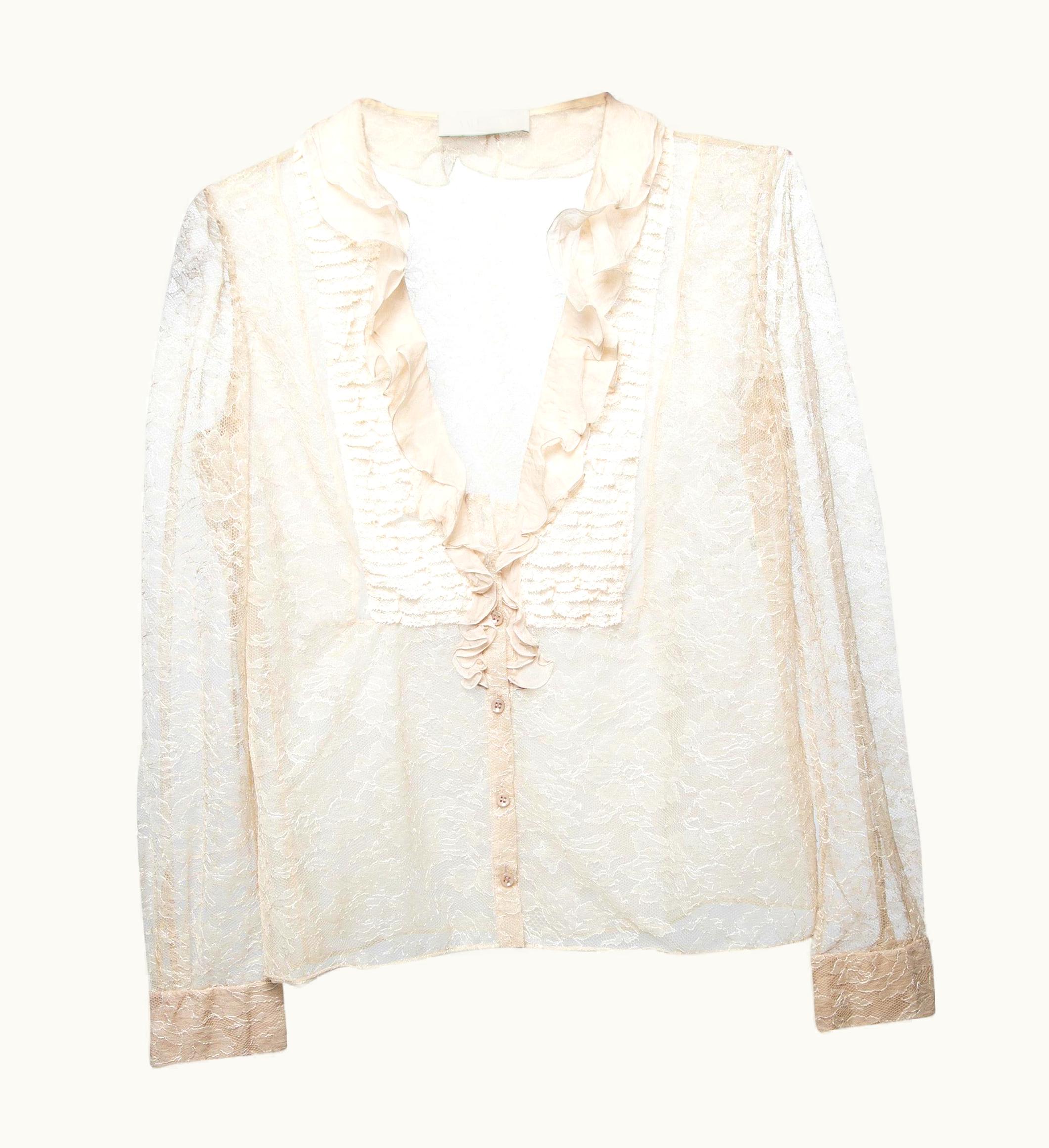 Valentino Beige Lace Ruffle Detail Button Front Long Sleeve Blouse