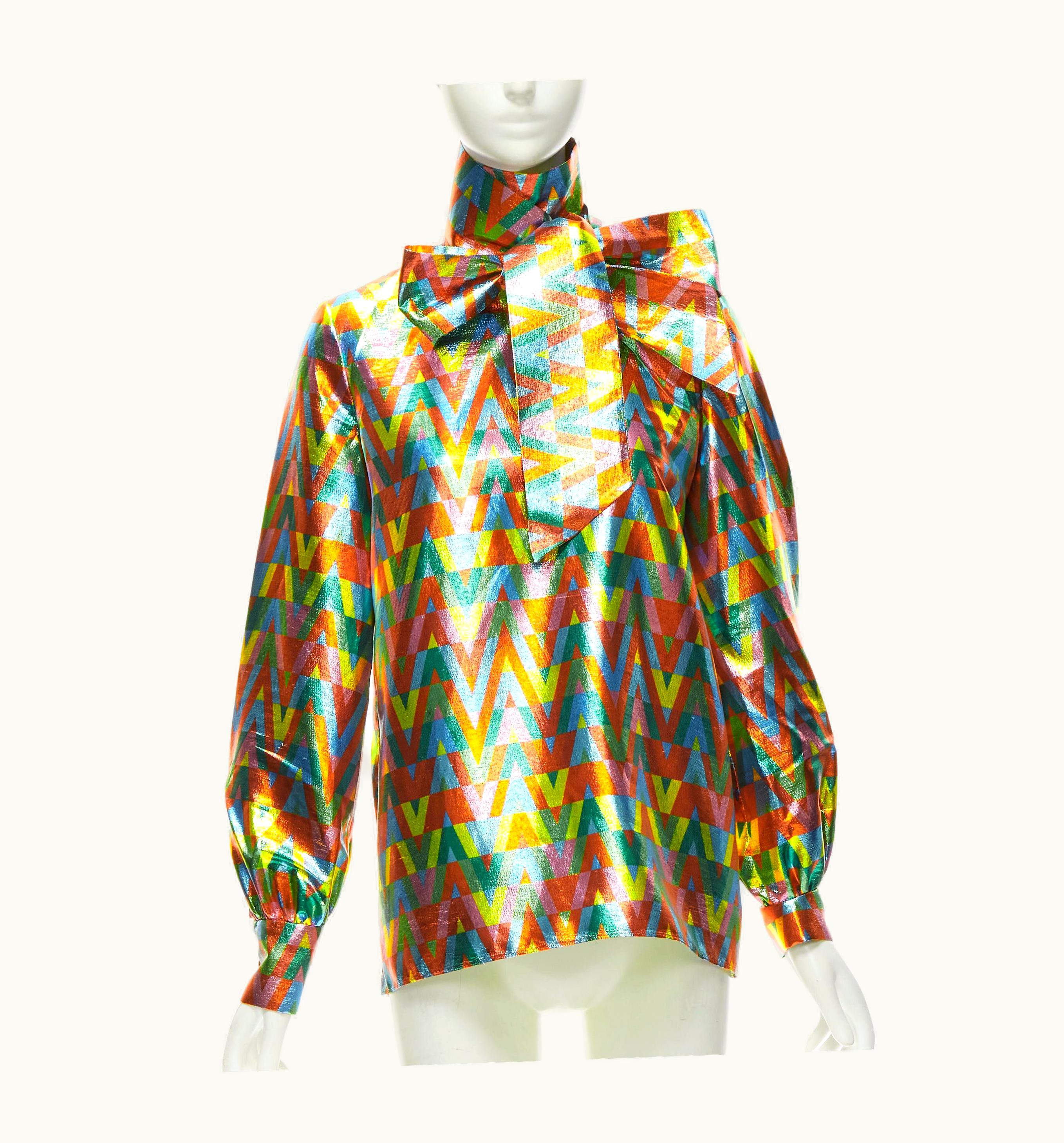 Valentino Metallic Lurex Graphic V Rainbow Scar Tie Collar Blouse