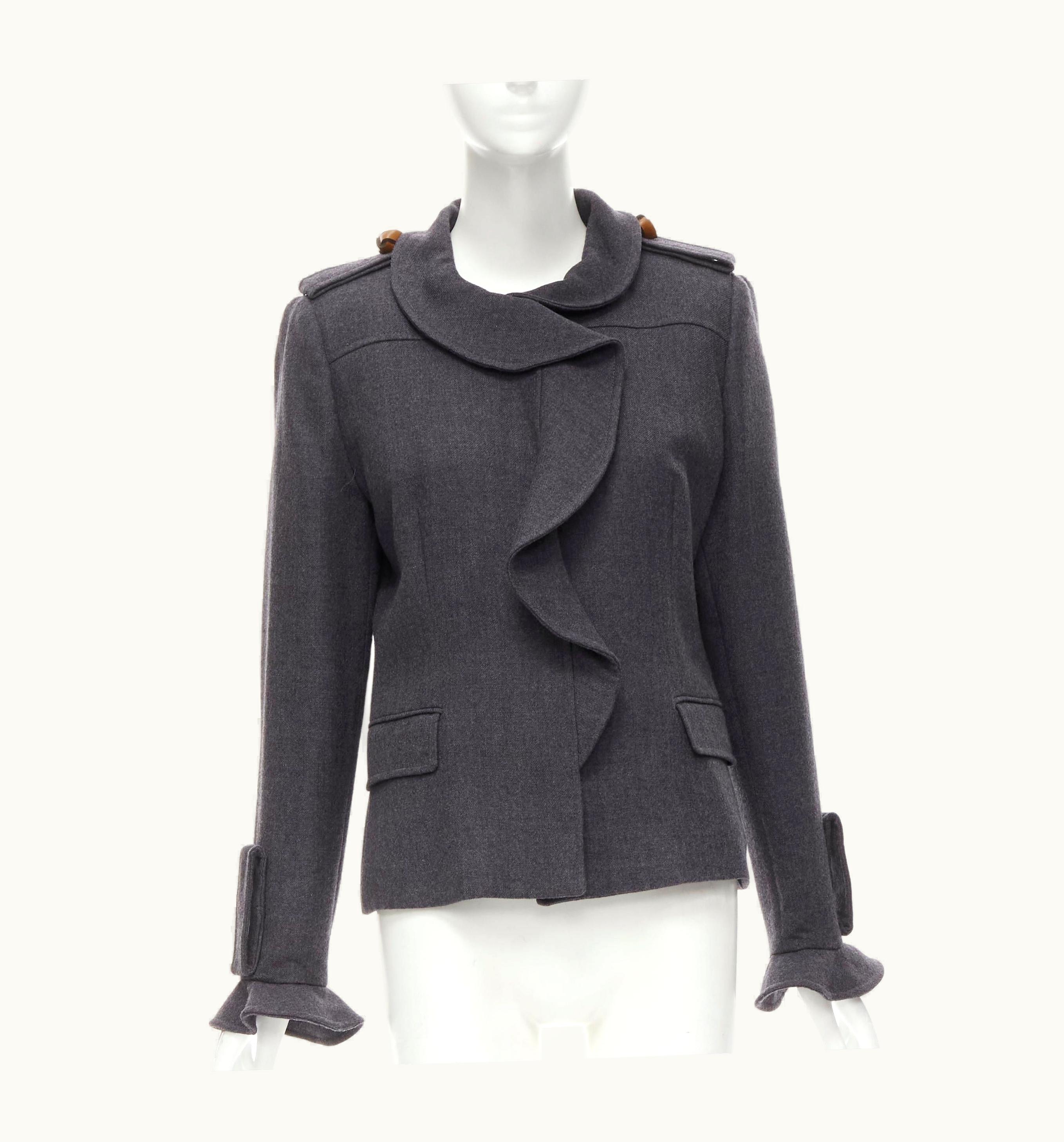 Valentino Vintage Grey Virgin Wool Ruffle Collar Military Detail Jacket