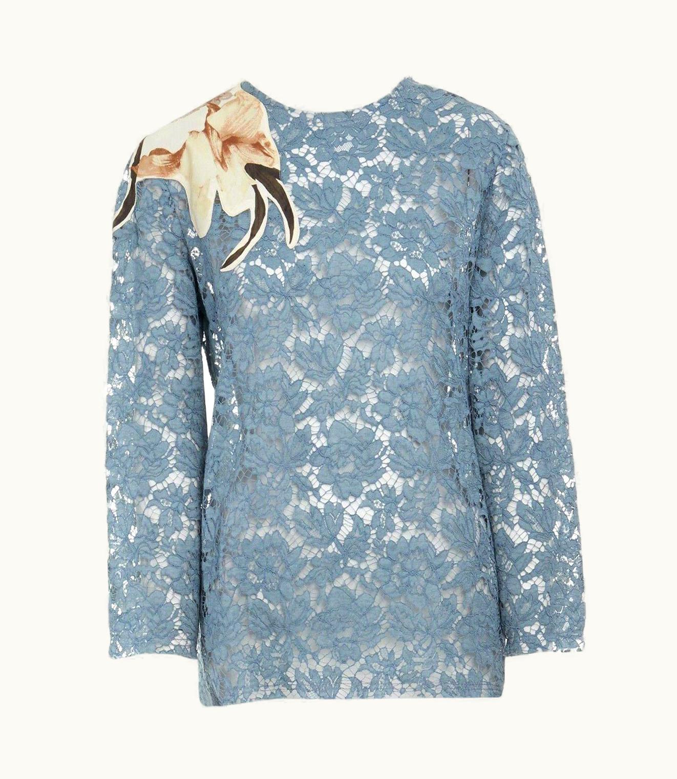 Valentino Blue Floral Lace Blossom Print Shoulder Patch Detail Top