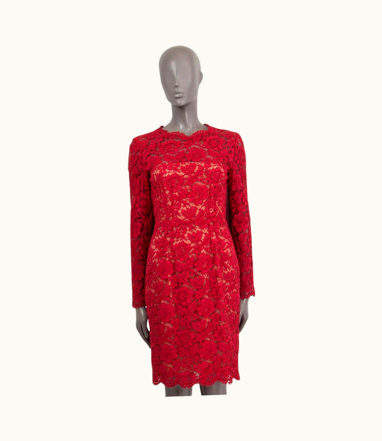 Valentino Red Cotton Floral Giupure Lace Long Sleeve Shift Dress