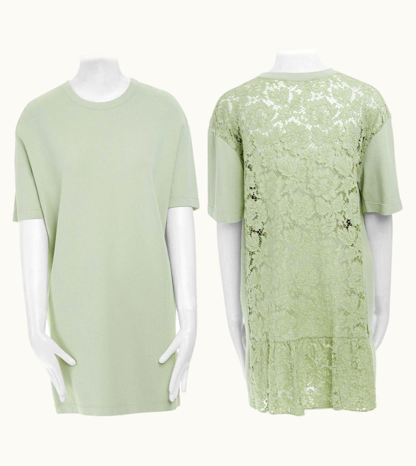 Valentino Pastel Green Cotton Crepe Floral Lace Pleated Back Mini Dress