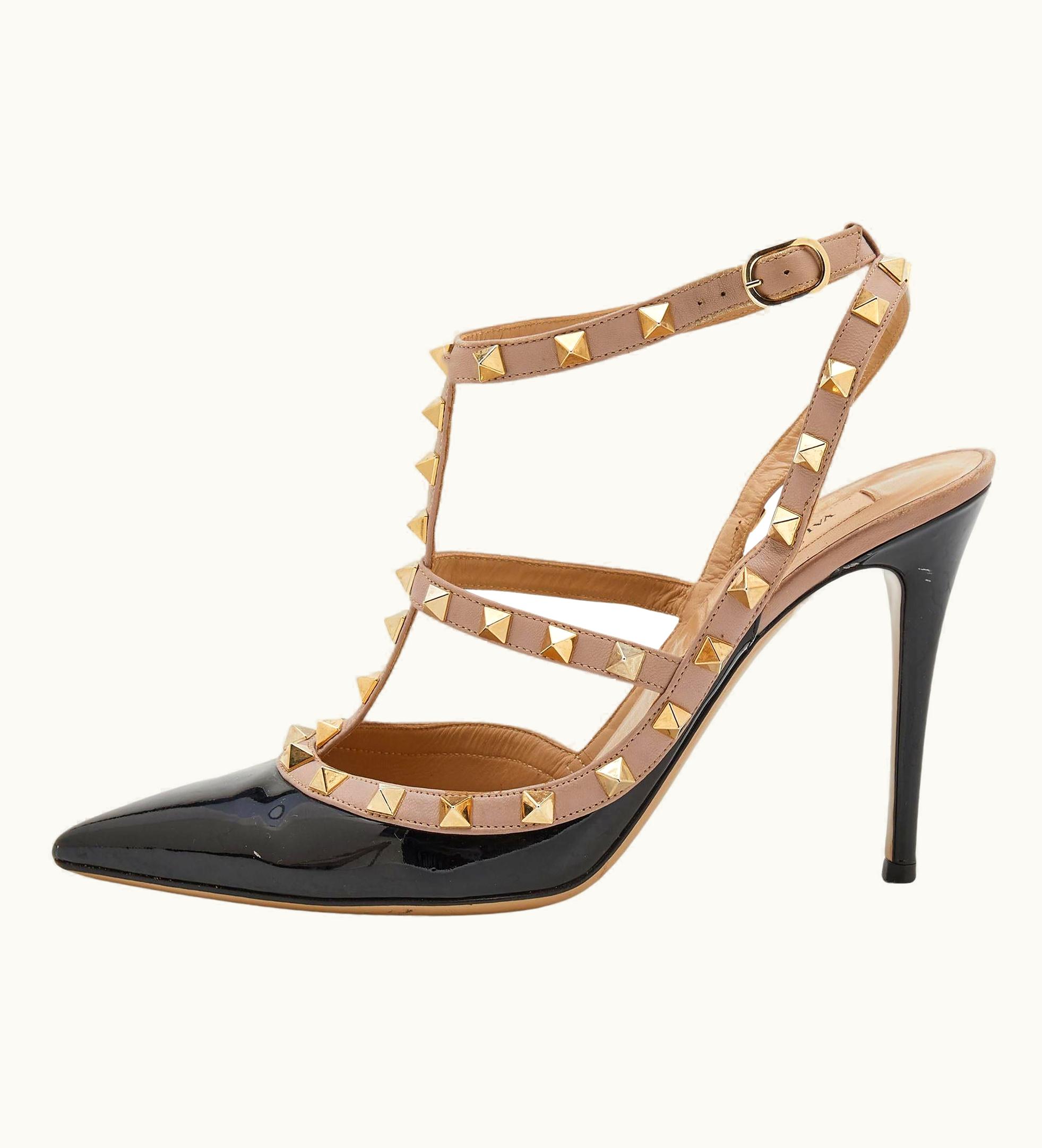 Valentino Black/Beige Patent Leather Rockstud Pointed Toe Caged Pumps