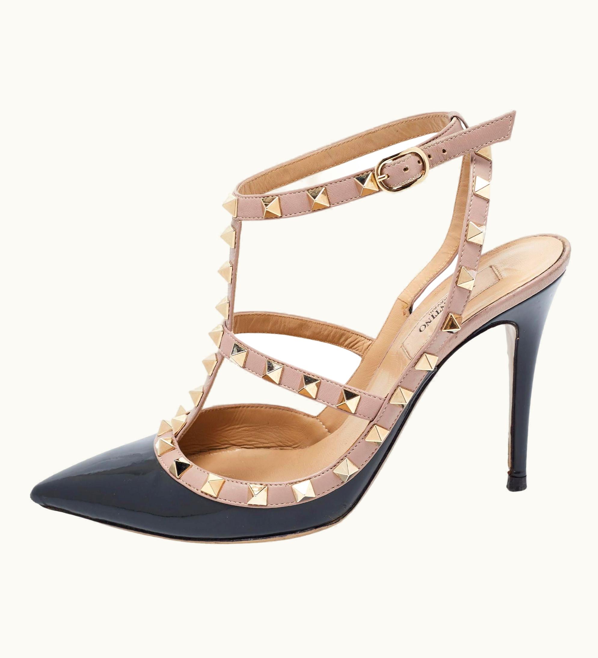 Valentino Dark Grey/Beige Patent Leather Rockstud Ankle Strap Sandals