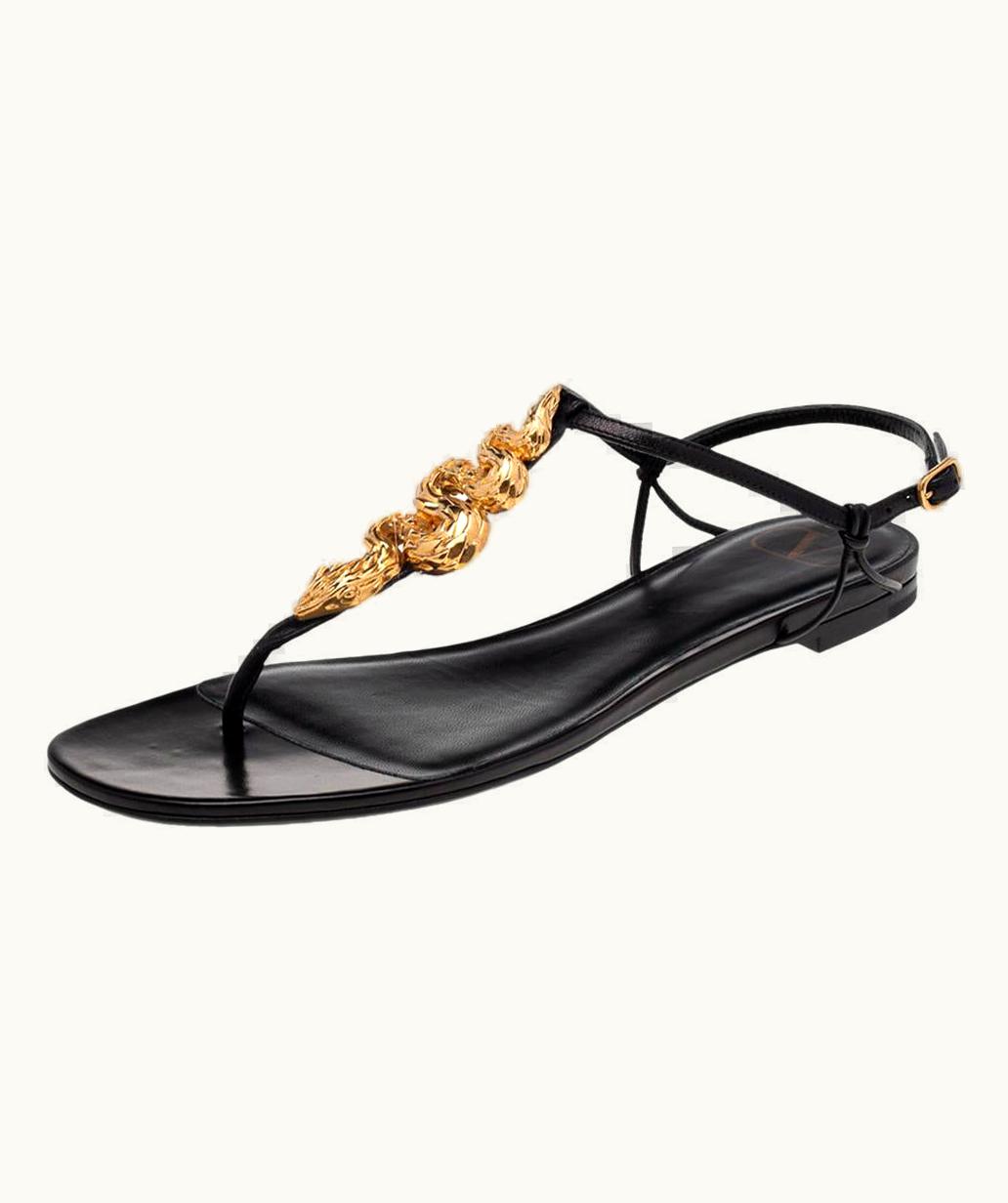 Valentino Black Leather Maison Snake Embellished Thong Flat Sandals Size Eu