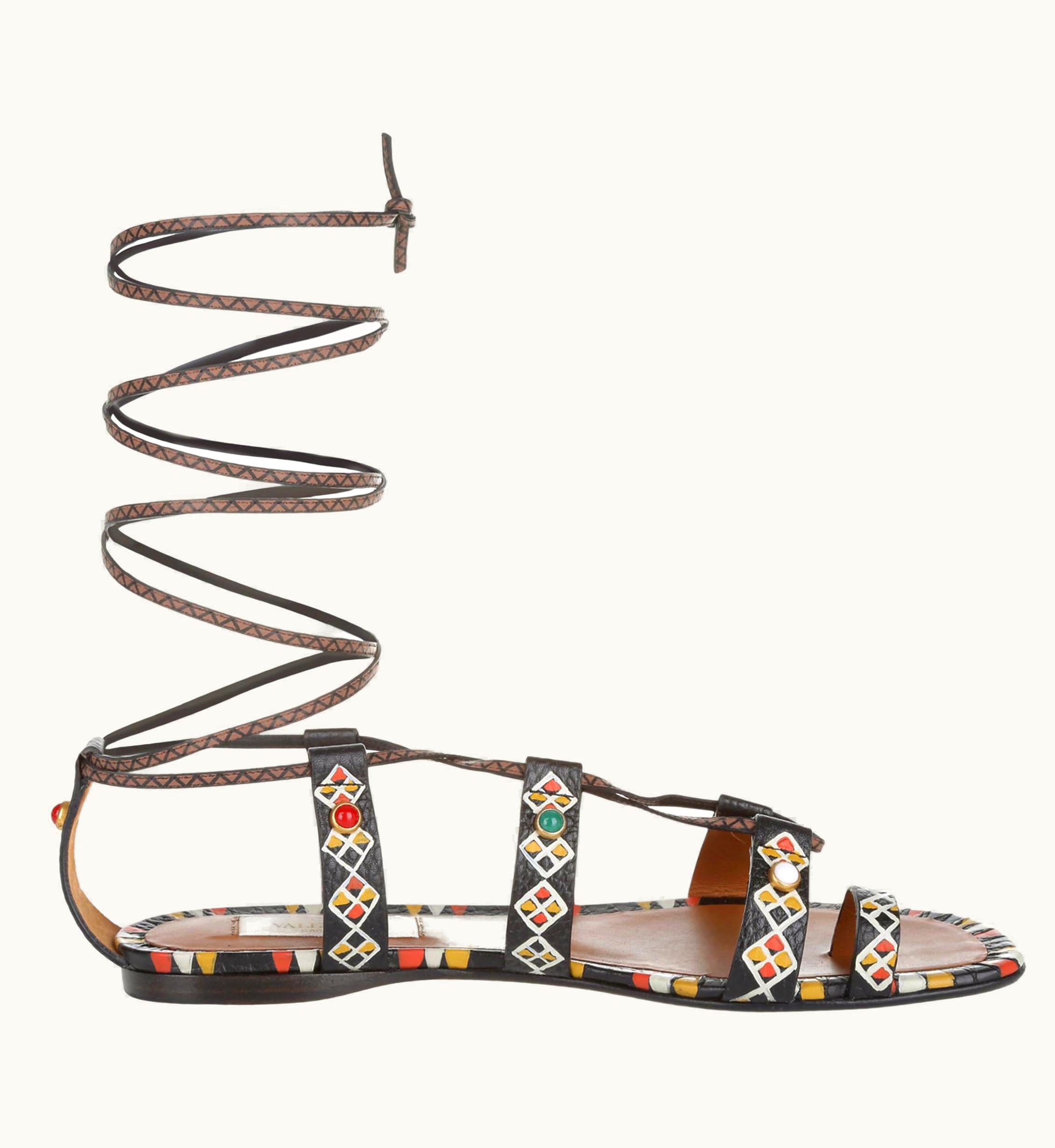 Valentino Black Leather Studded R& Hand Painted Tribal Flat Sandals Shoes