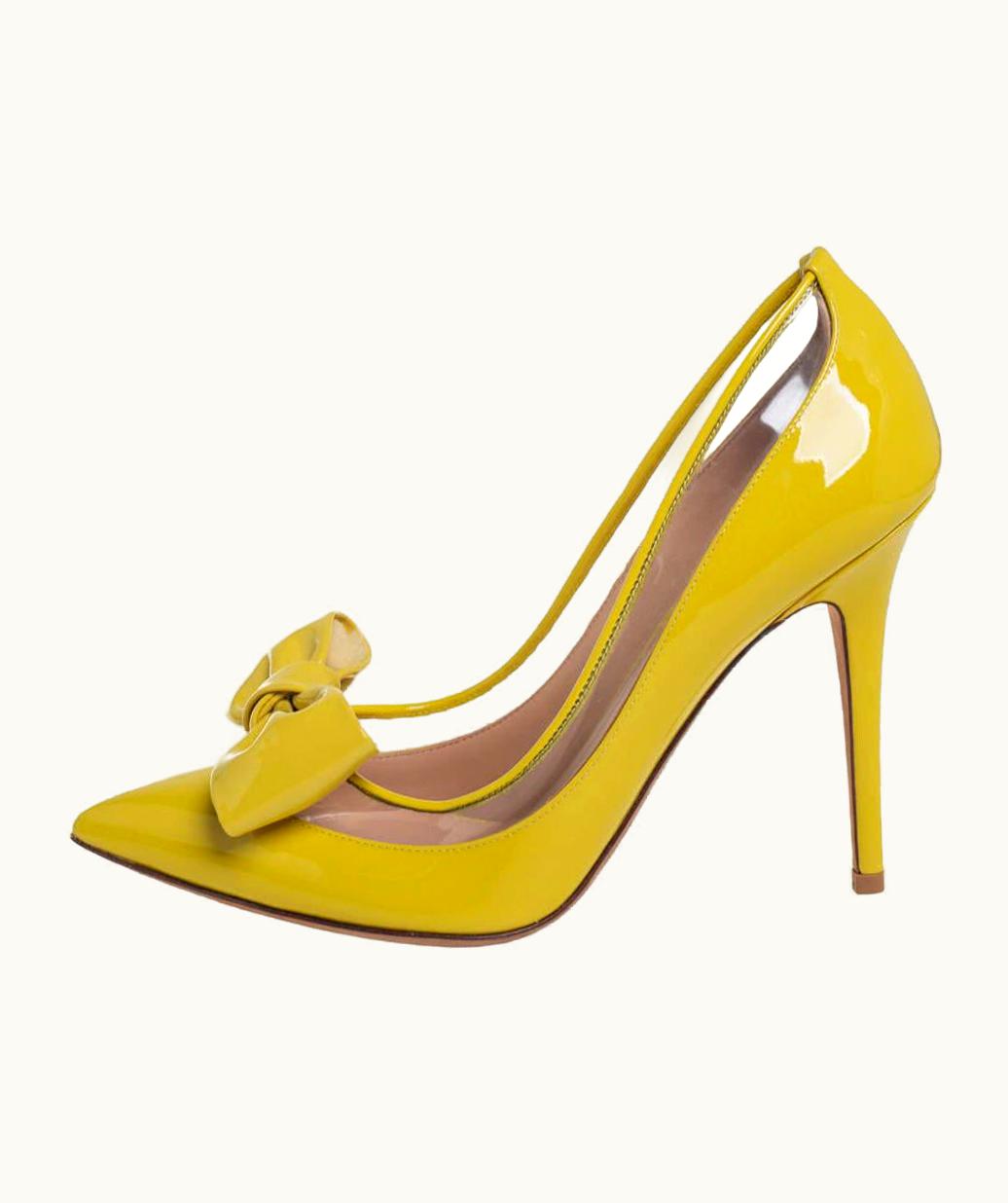 Valentino Yellow Patent Leather And Pvc Bow Pointed Toe Pumps