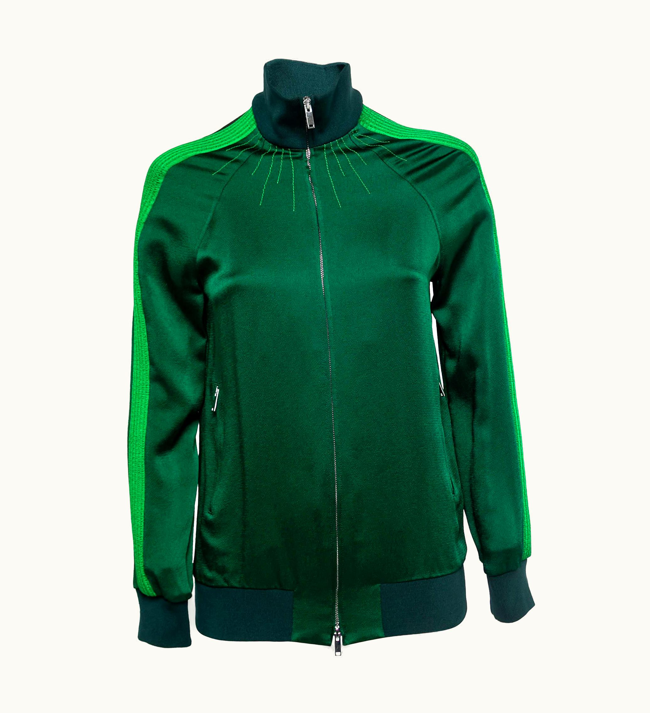 Valentino Green Crepe Pleated Stripe Detail Zip-Up Track Jacket