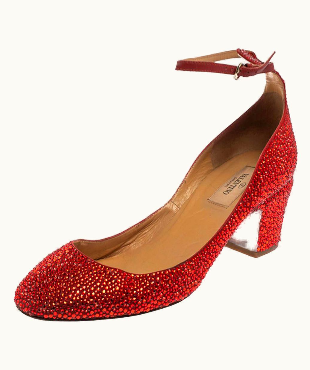 Valentino Red Crystal Embellished Suede Block Heel Ankle Strap Pumps