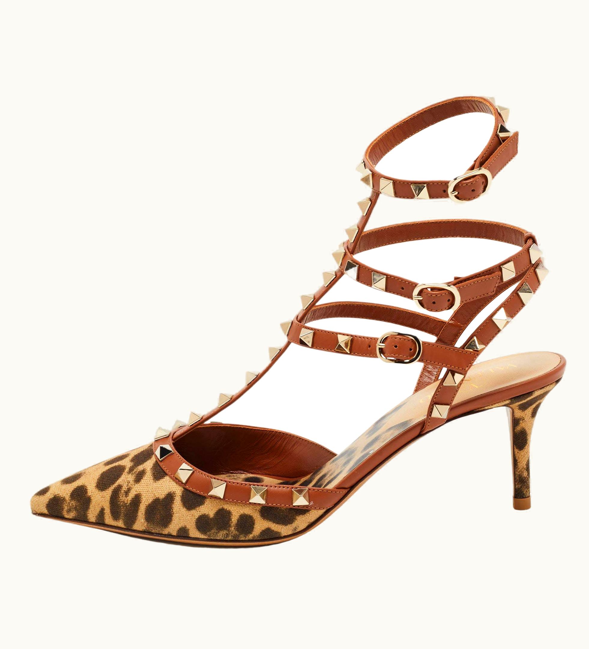 Valentino Brown Leather And Canvas Rockstud Ankle Strap Pumps