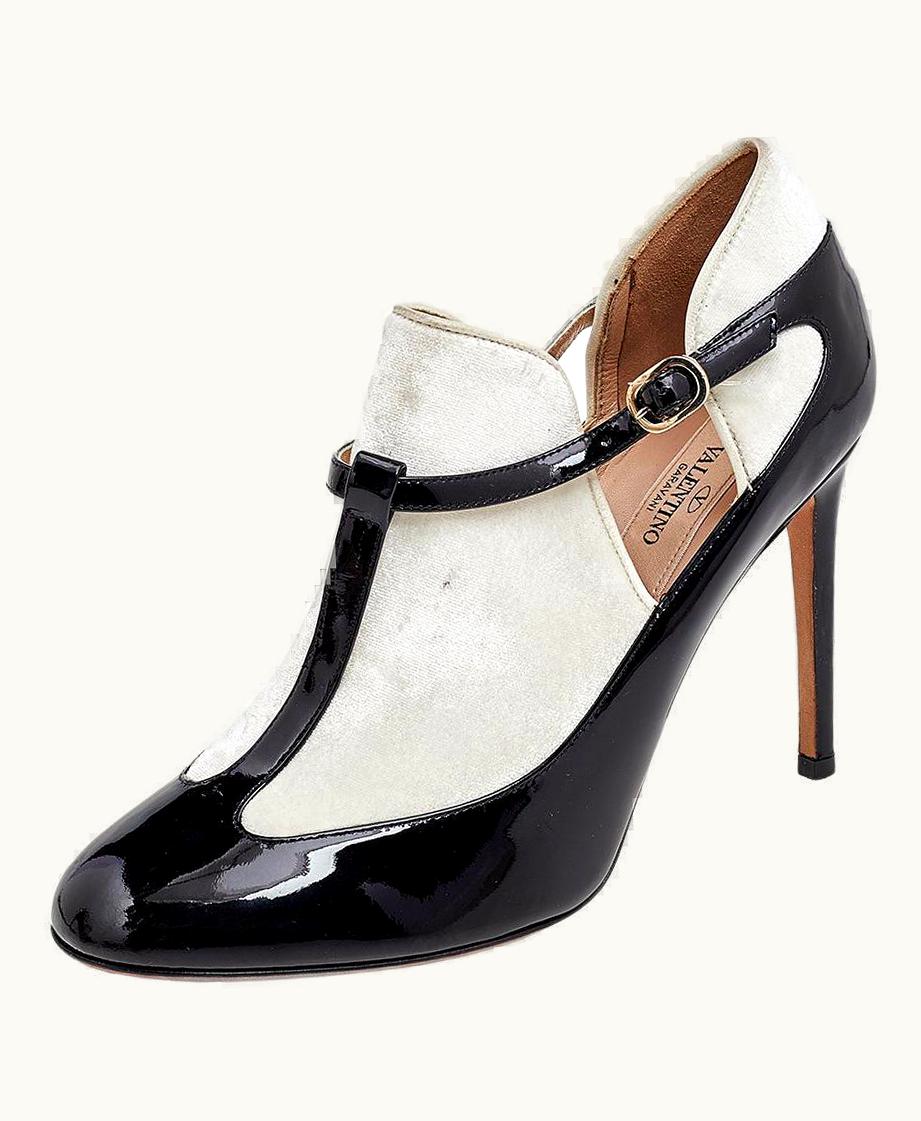 Valentino Black/White Patent Leather And Velvet T Strap Pumps