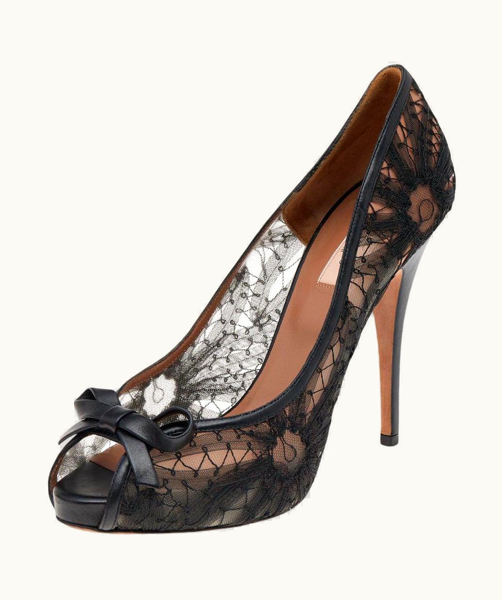 Valentino Black Mesh And Leather Bow Peep Toe Platform Pumps