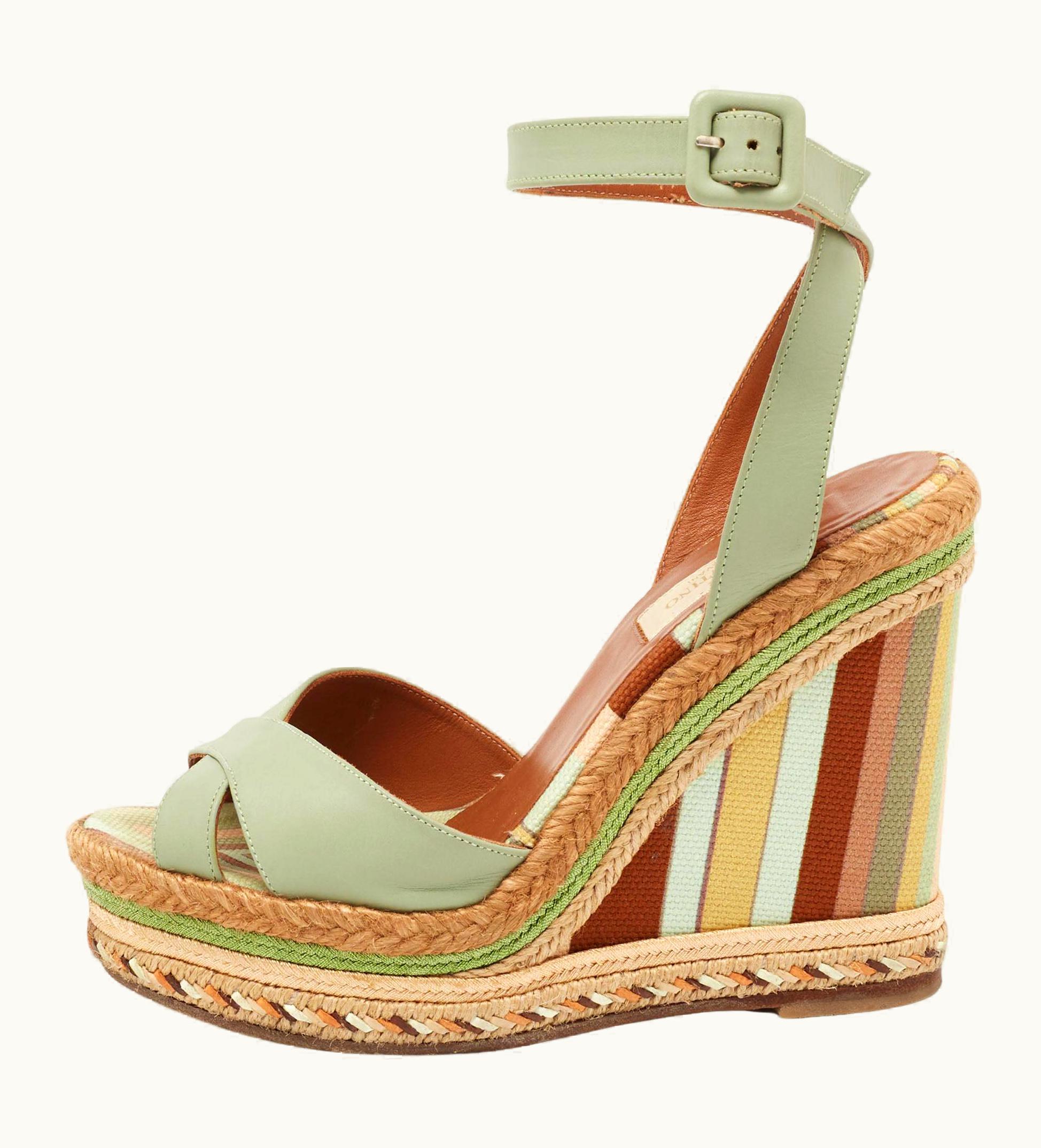 Valentino Pastel Green Leather 1973 Espadrille Wedge Ankle-Strap Sandals