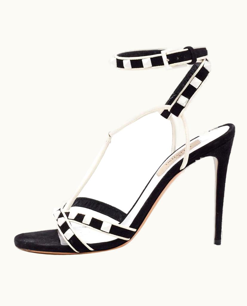 Valentino Black/White Suede And Leather Rockstud Ankle-Strap Sandals