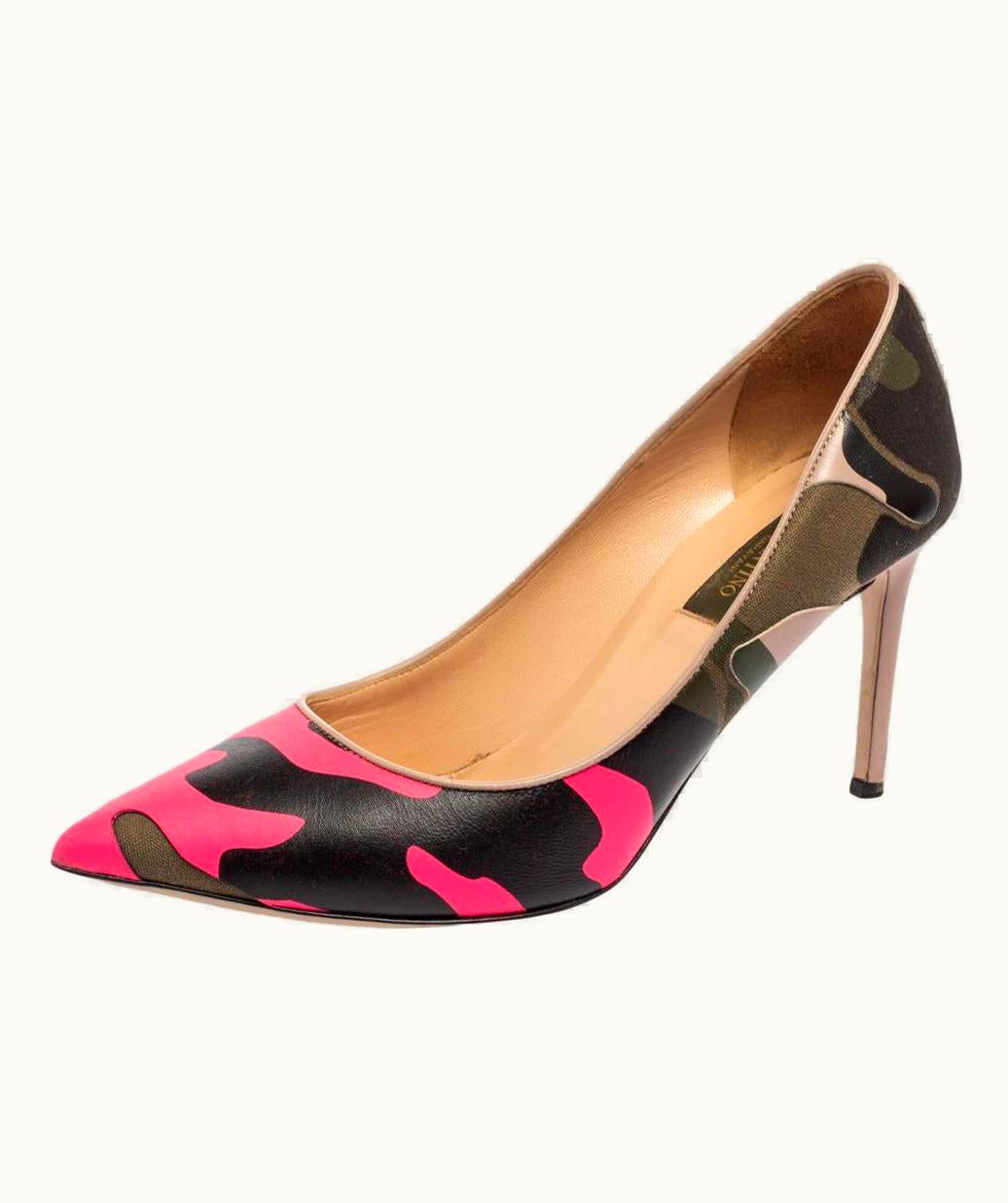 Valentino Tri-Color Camouflage Leather And Canvas Pointed-Toe Pumps