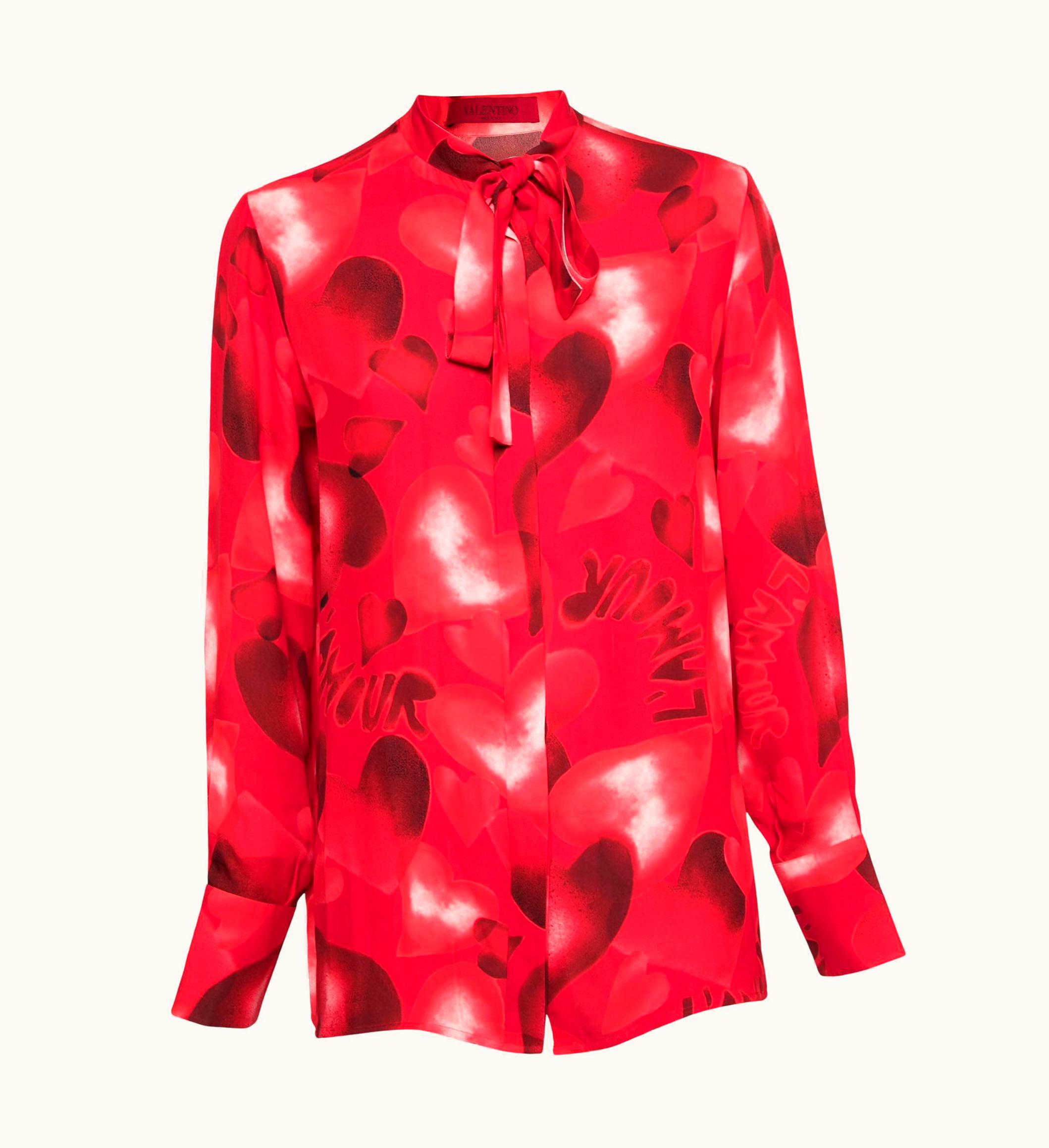 Valentino Red Heart Printed Silk Neck Tie Detail Button Front Blouse