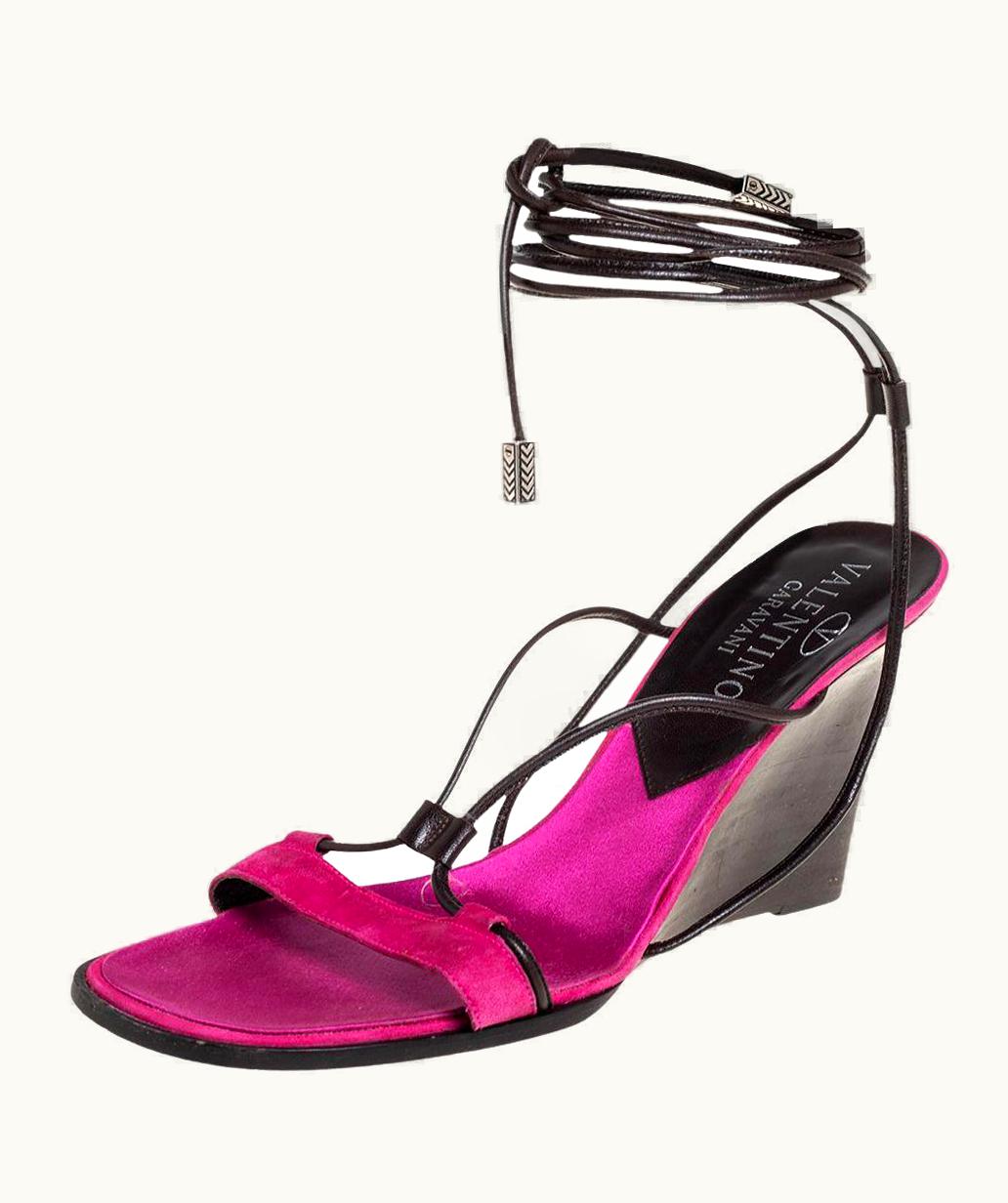 Valentino Pink/Brown Suede And Leather Wedge Ankle Wrap Sandals