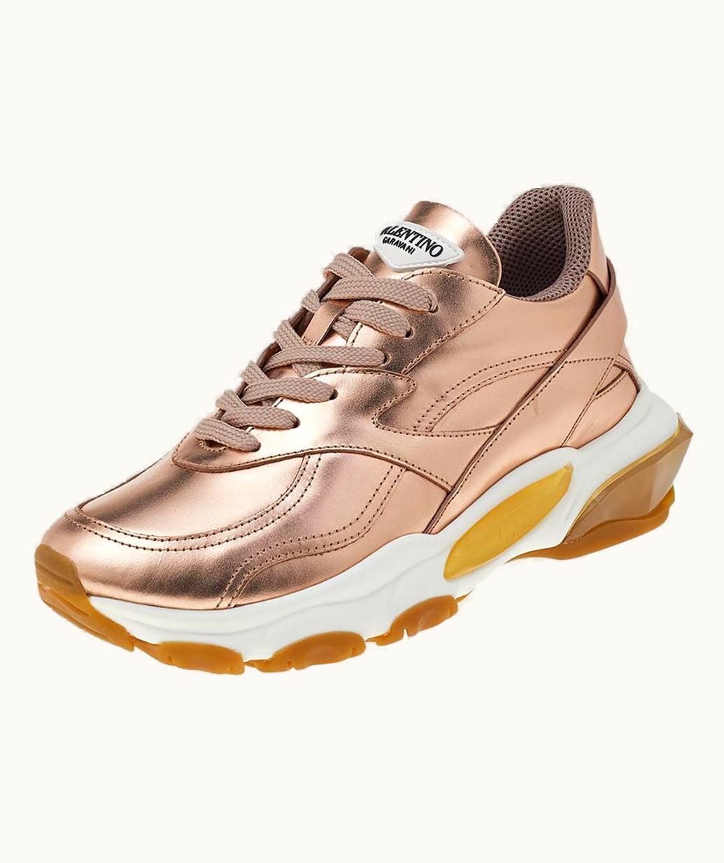 Valentino Metallic Rose Gold Leather Bounce Low Top Sneakers