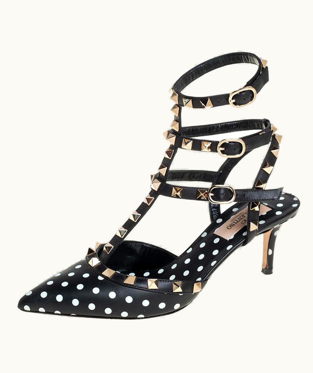 Valentino Black/White Polka Dot Leather Rockstud Ankle Strap Sandals