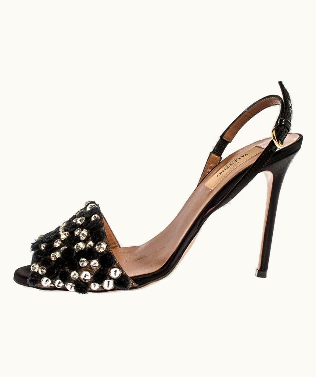 Valentino Black Crystal Embellished Mesh And Satin Ankle Strap Sandals