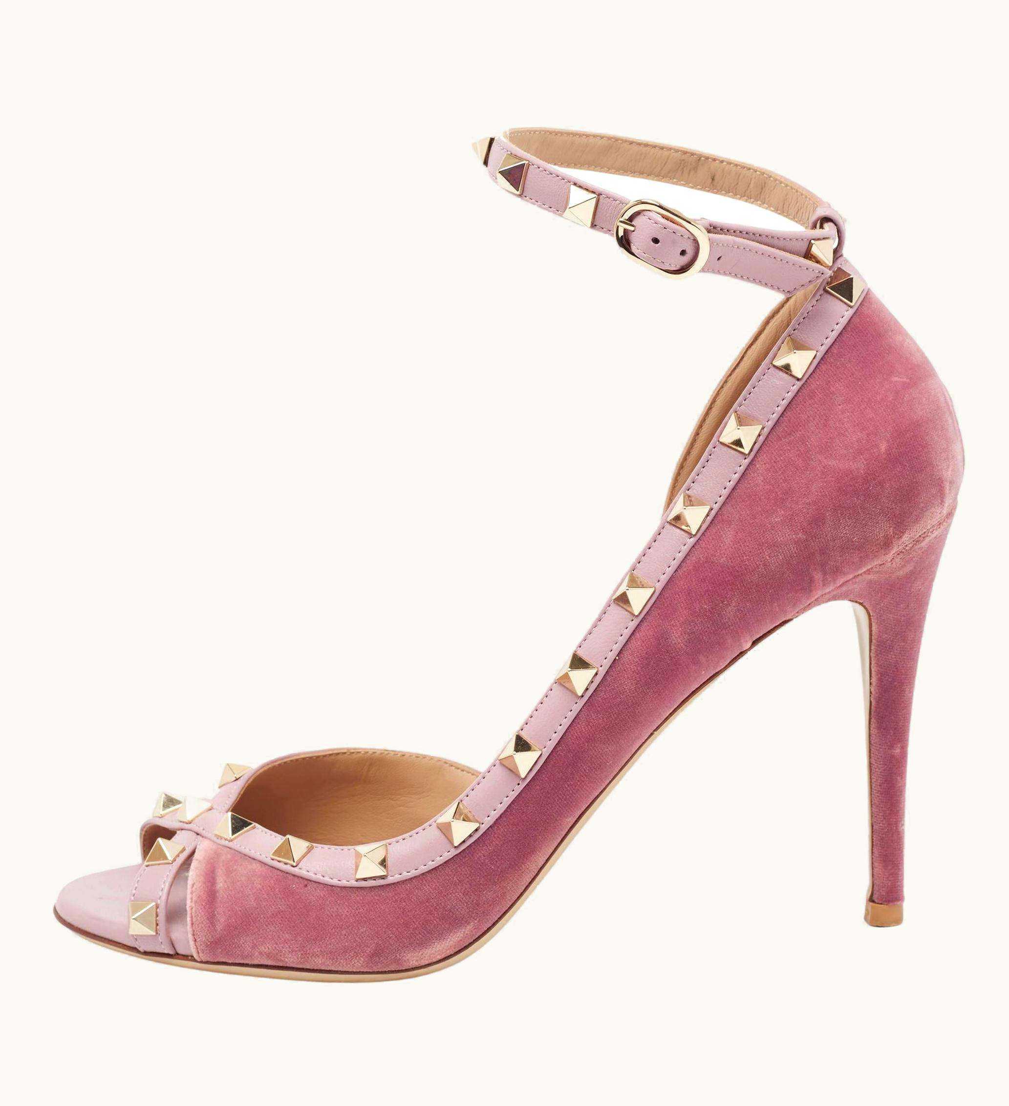 Valentino Velvet And Leather Rockstud Open-Toe Ankle-Strap Pumps