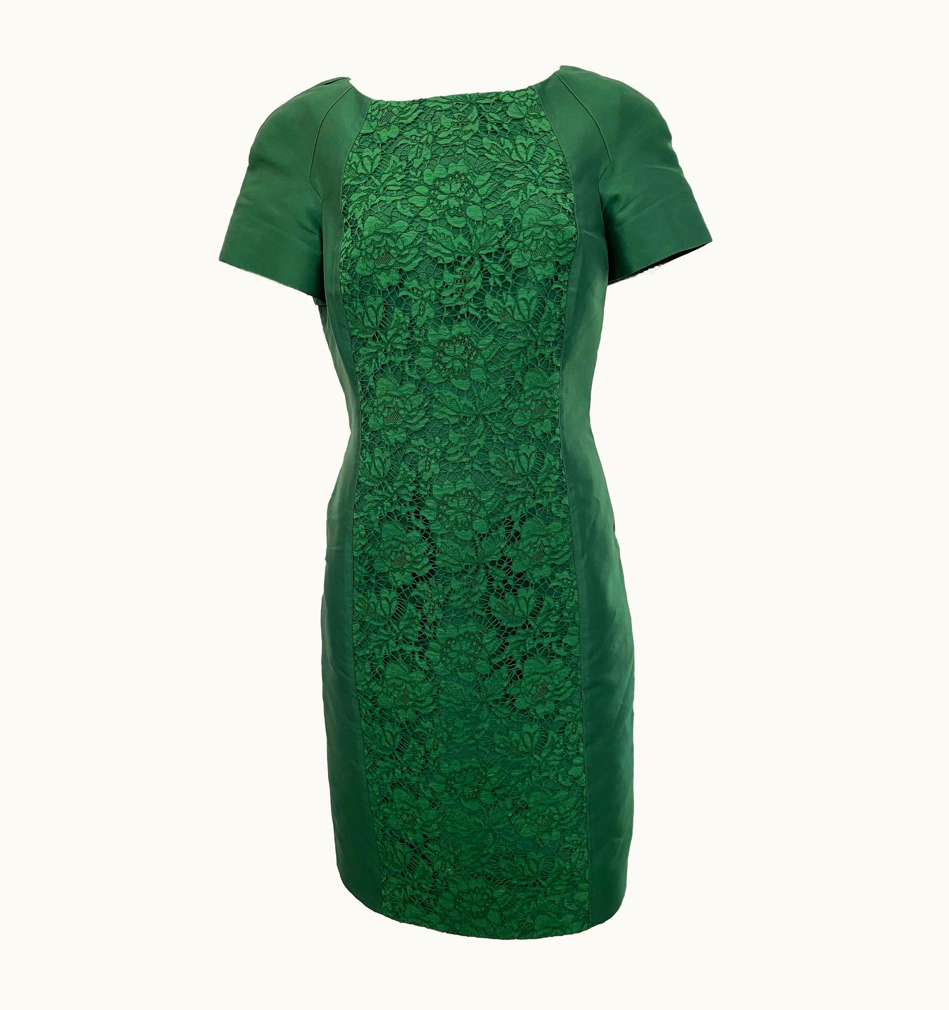 Valentino Emerald Green Silk And Lace Cap Sleeve Sheath Dress