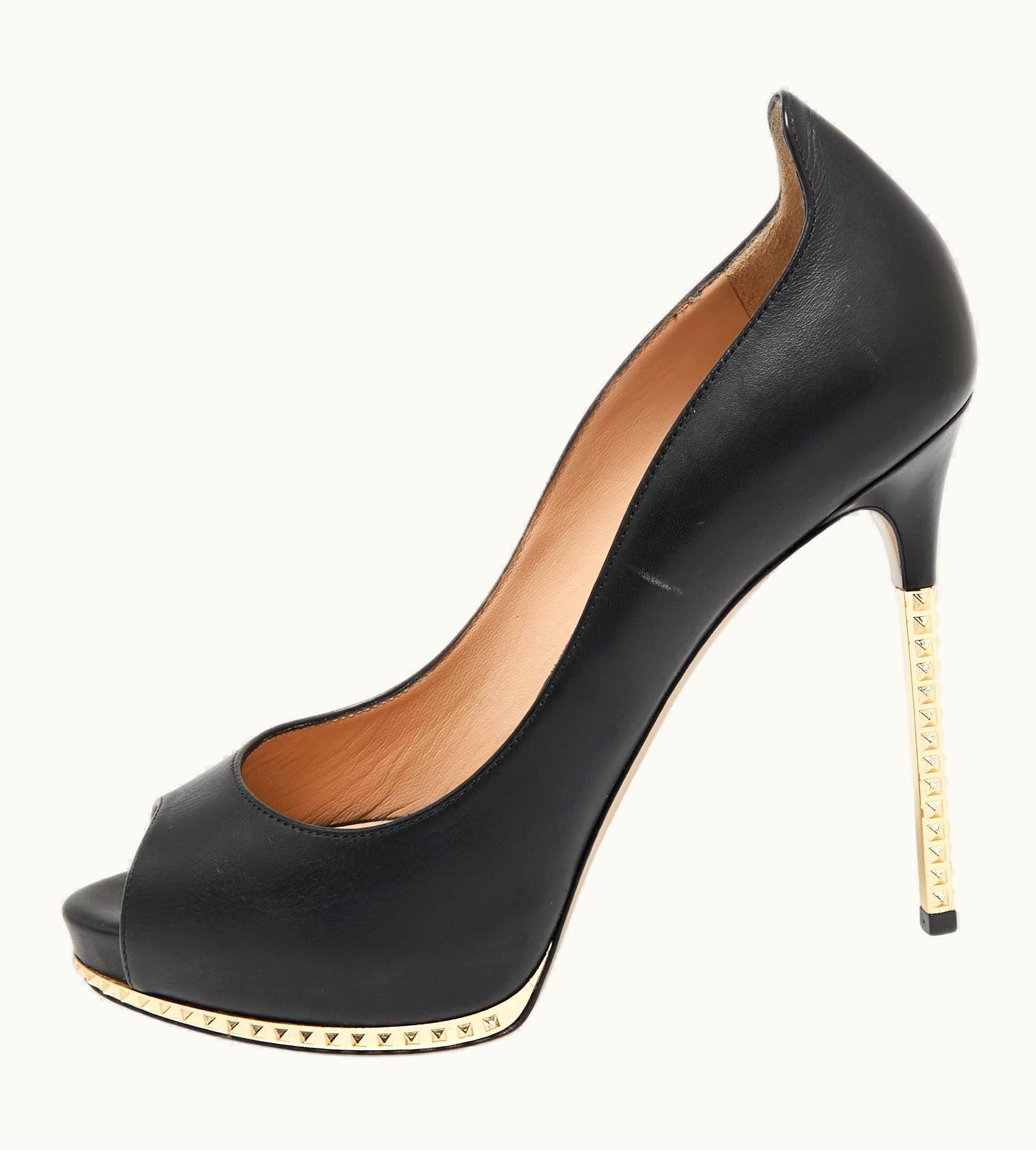 Valentino Black Leather Studded Heel And Platform Peep-Toe Pumps