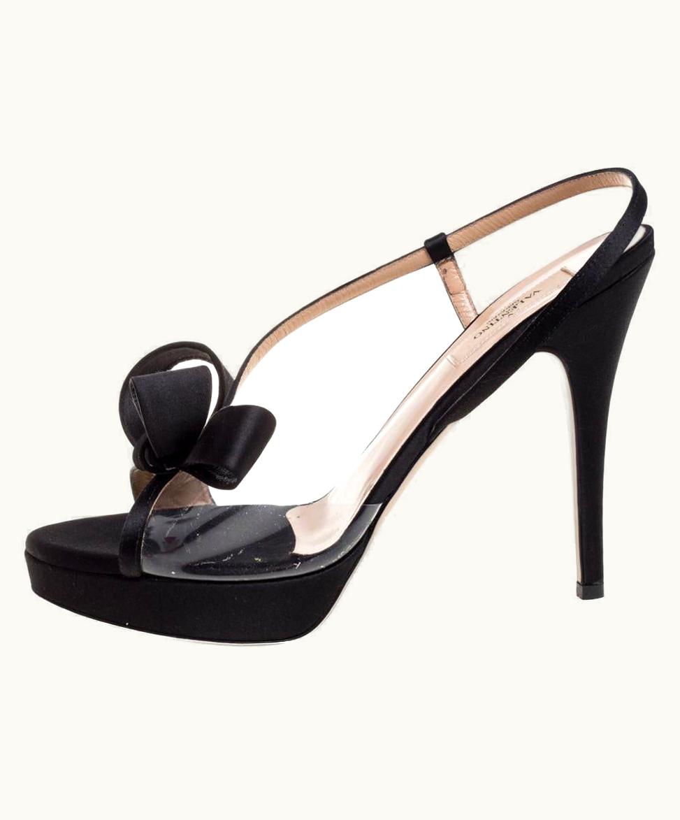 Valentino Black Satin And Pvc Bow Open Toe Slingback Sandals