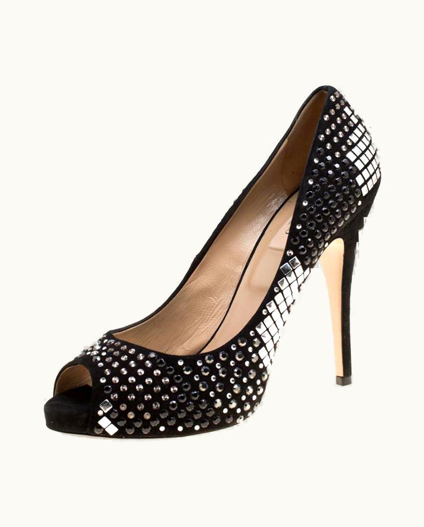 Valentino Black Suede Crystal Embellished Bridal Peep Toe Platform Pumps