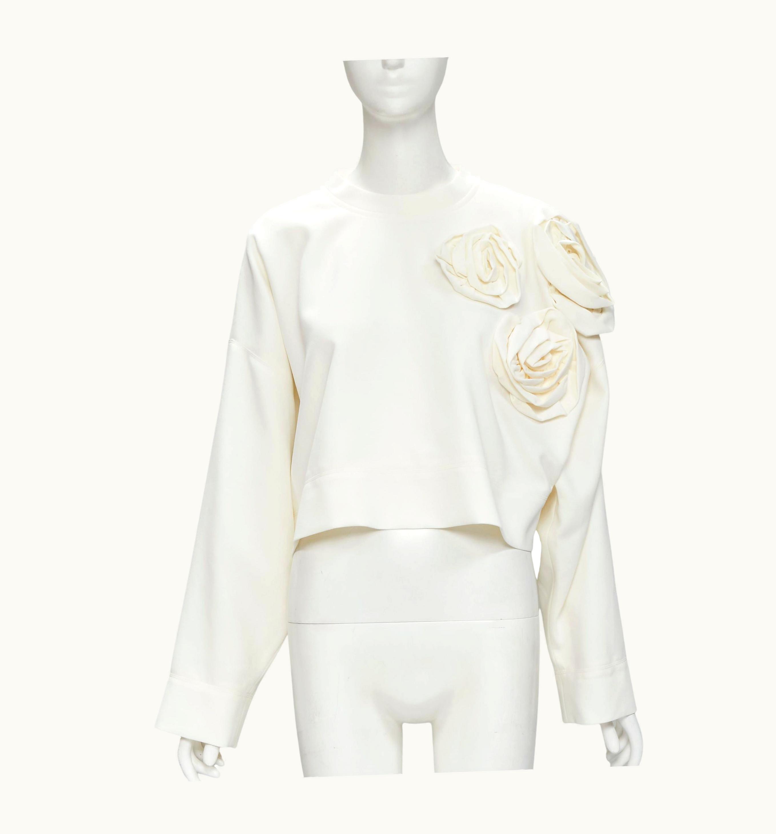 Valentino 3d Rose Petal White Crepe Batwing Cropped Boxy Blouse