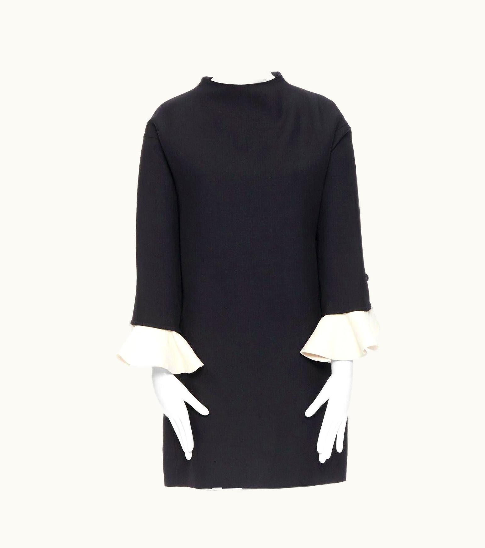 Valentino Black Wool Silk Crepe Cocoon Boxy Contrast Ruffle Cuff Boxy Dress