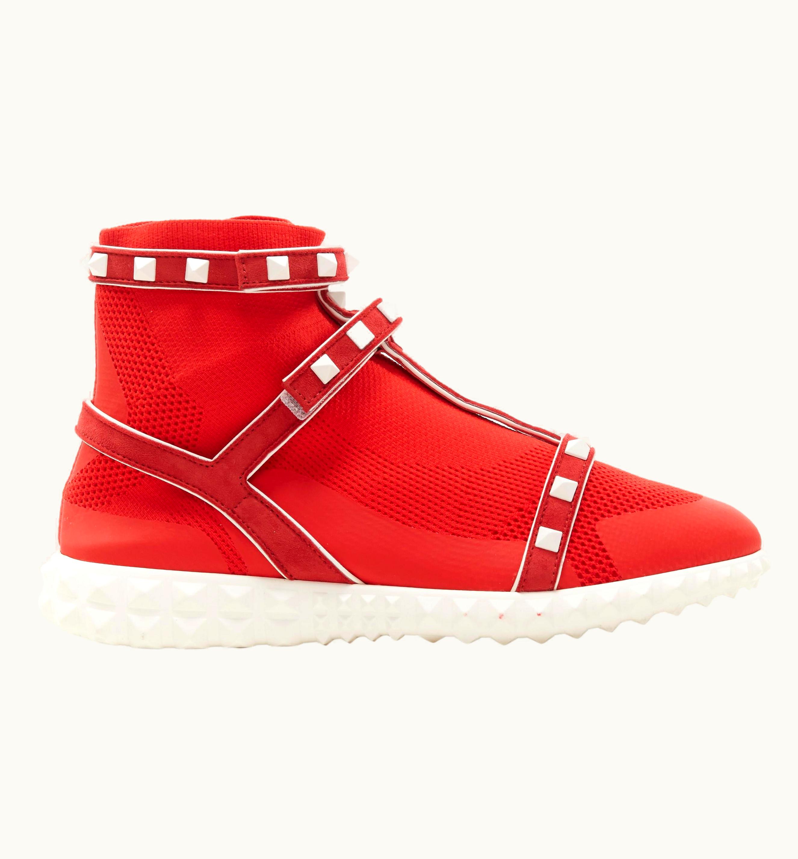 Valentino Free Rockstud Bodytech Red Sock Knit White Stud High Top Sneaker