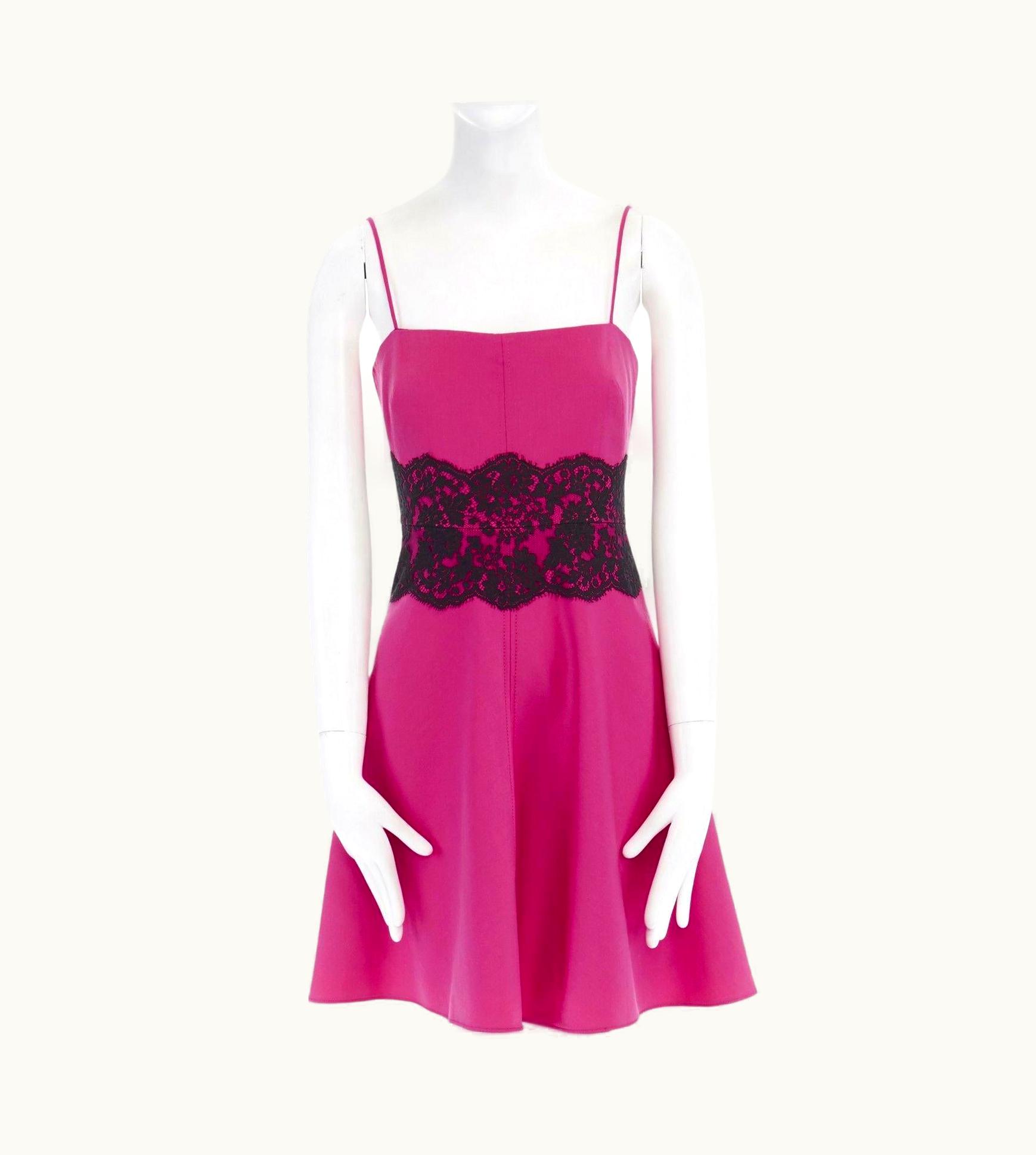 Valentino Pink Wool Blend Black Lace Trimmed Waist Flared Skirt Dress