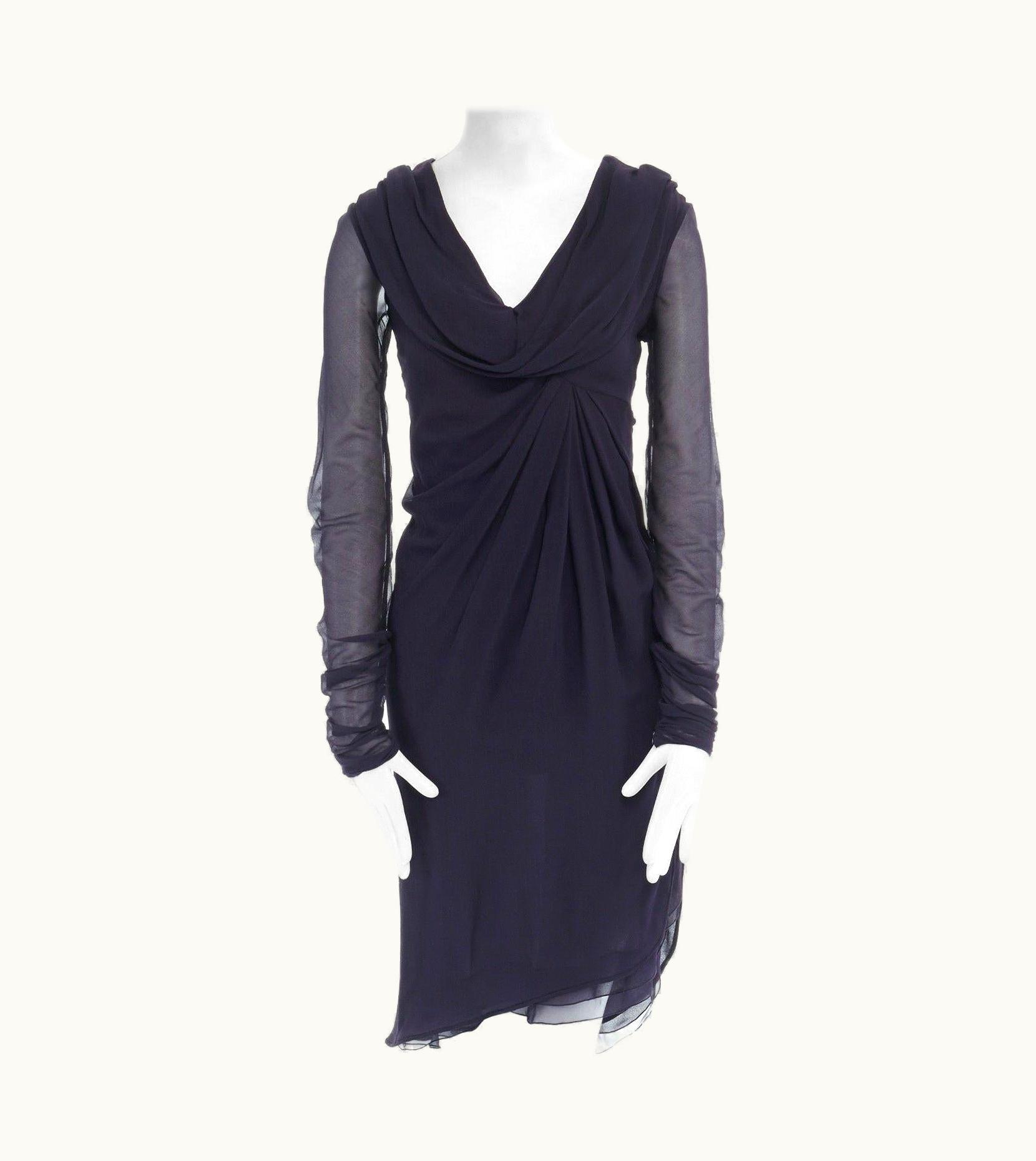 Valentino Navy Blue Silk Draped Front Waterfall Tier Hem Sheer Sleeve Dress