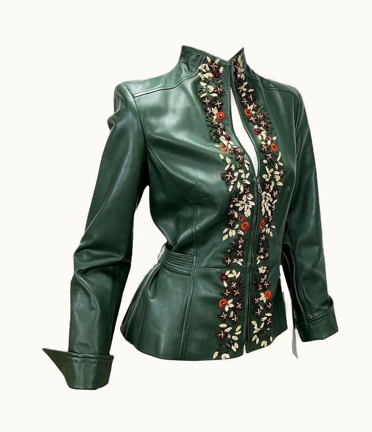 Valentino Forest Green 3-d Flowers Embroidery Beaded Lamb Leather Jacket