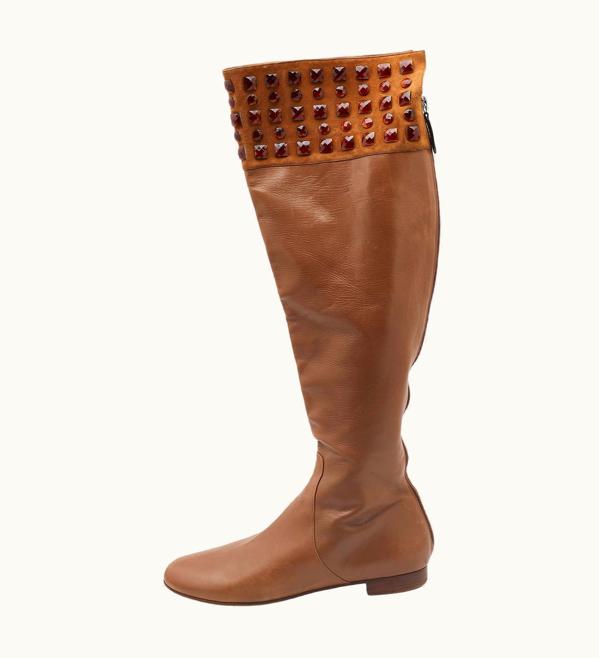 Valentino Brown Leather And Suede Crystal Embellished Knee Length Boots