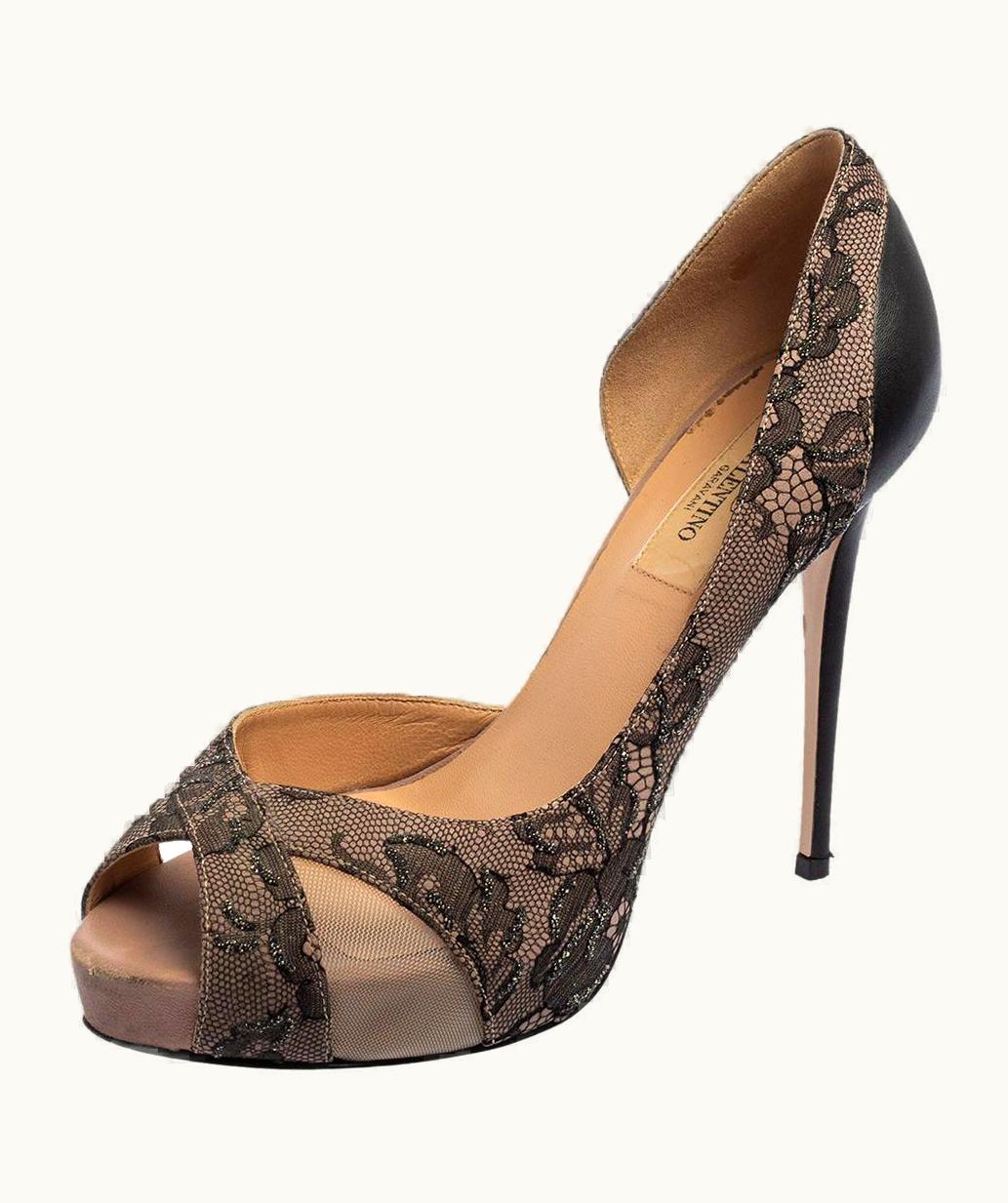Valentino Black/Pink Lace, Leather And Mesh Crisscross D'orsay Pumps