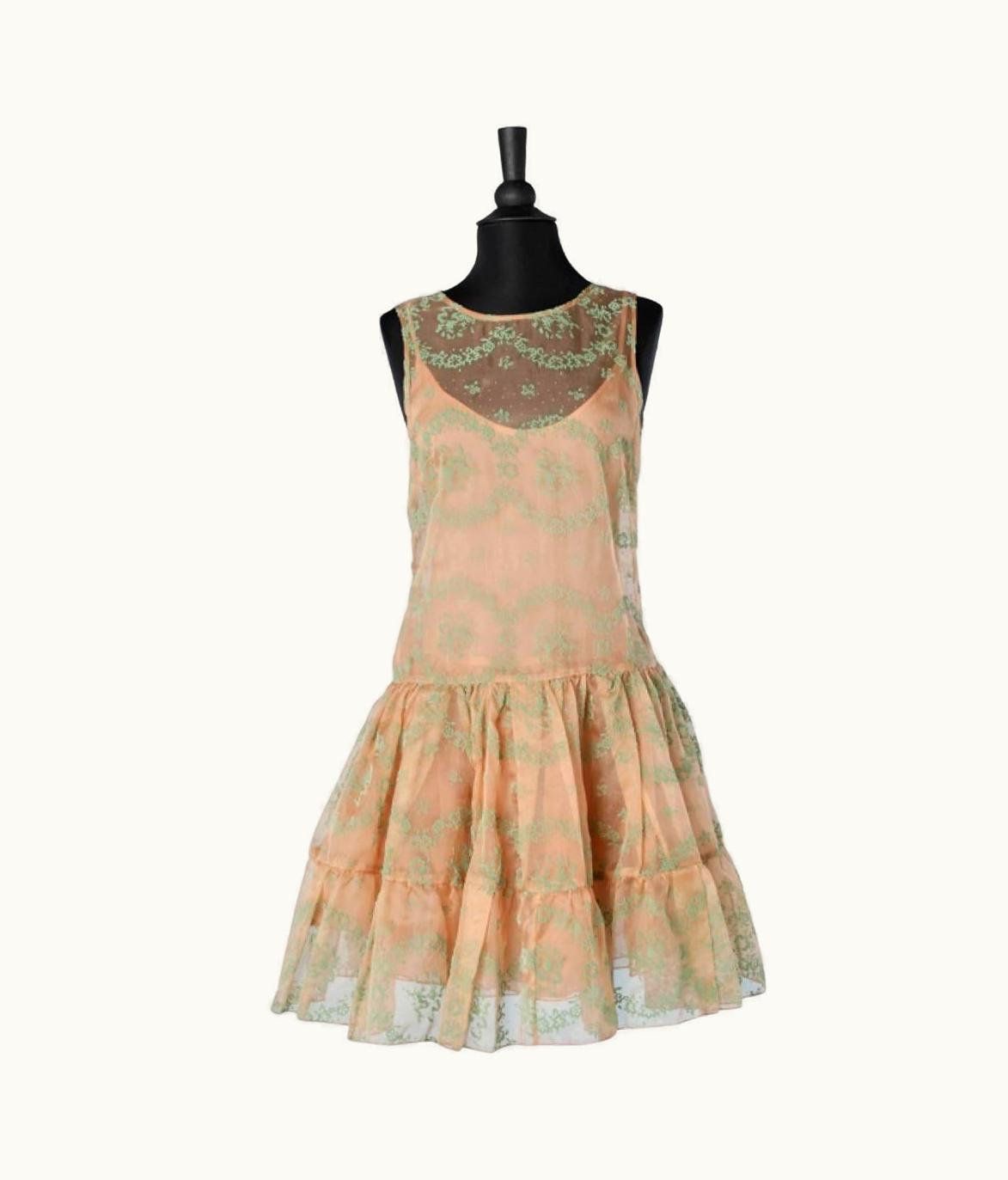 Valentino Pale Pink Organza Cocktail Dress With Pale Green Flocked Felt Appliqué Valentino