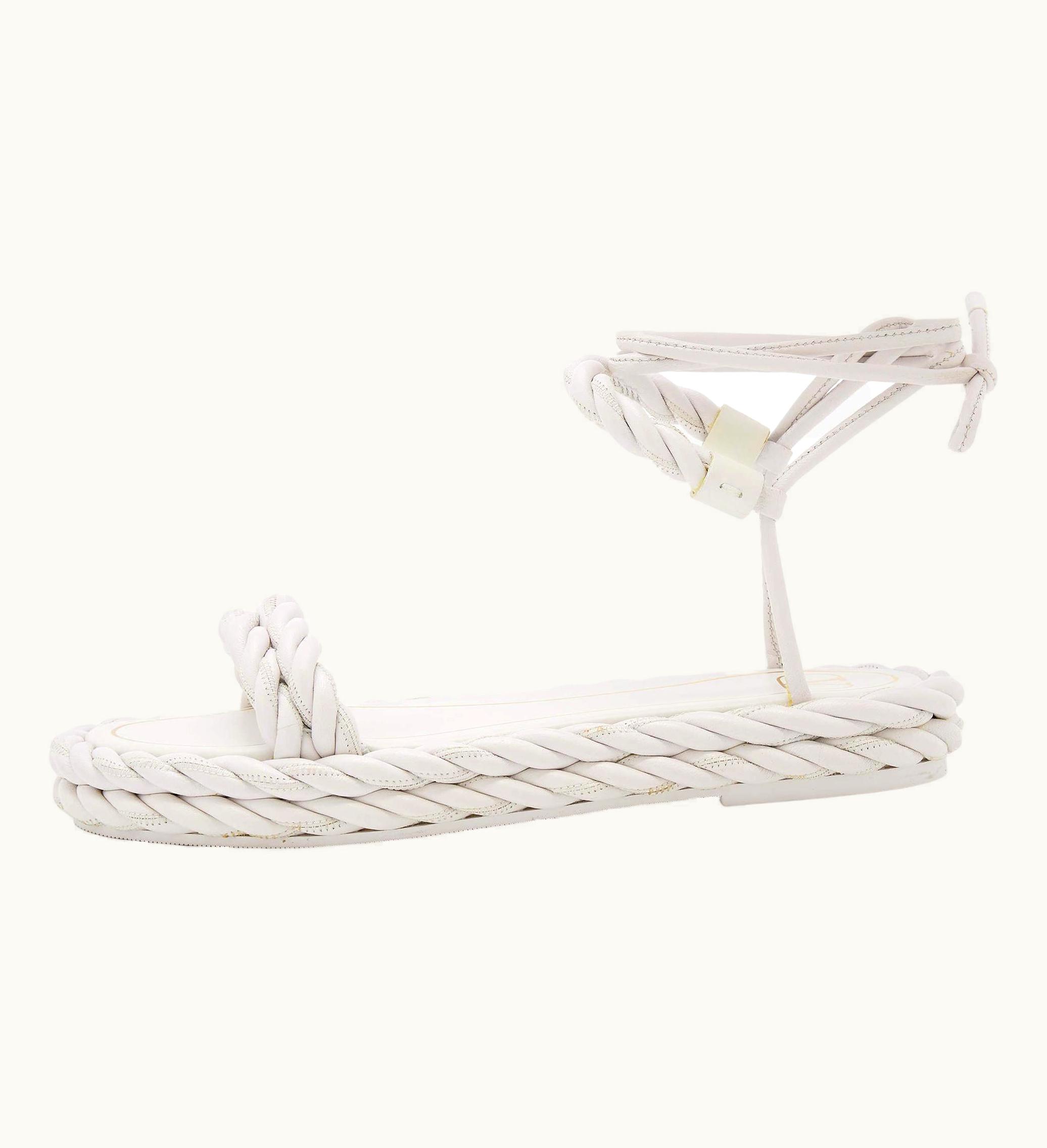 Valentino White Braided Leather The Rope Ankle Wrap Flat Sandals