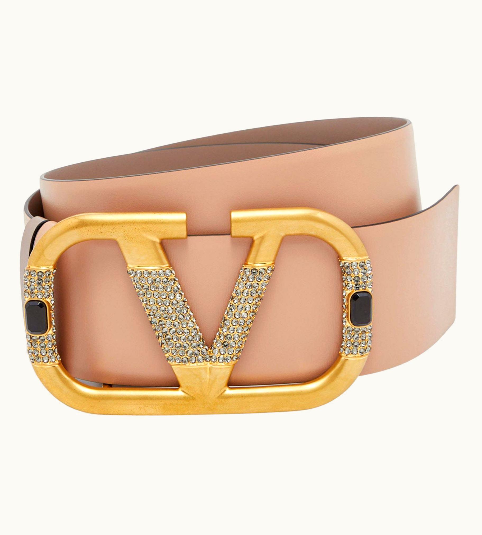 Valentino Beige/Grey Leather Crystal Embellished V Logo Reversible Belt 95 Cm