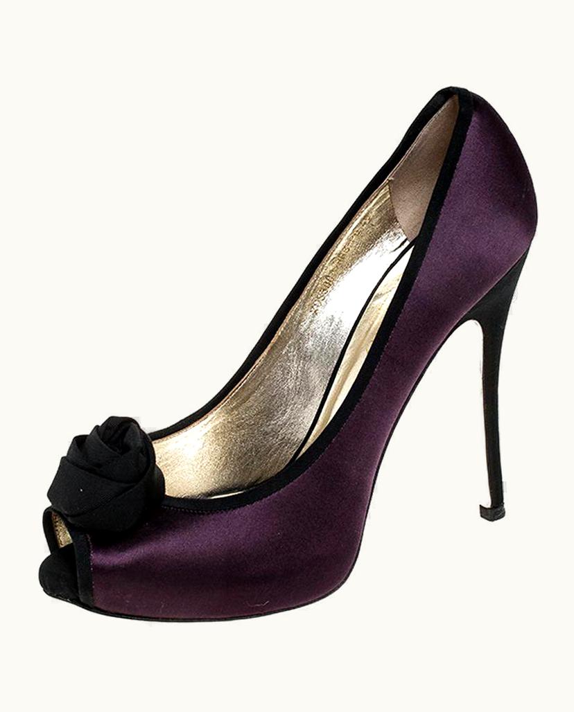 Valentino Purple/Black Two Tone Satin Rosette Peep Toe Platform Pumps