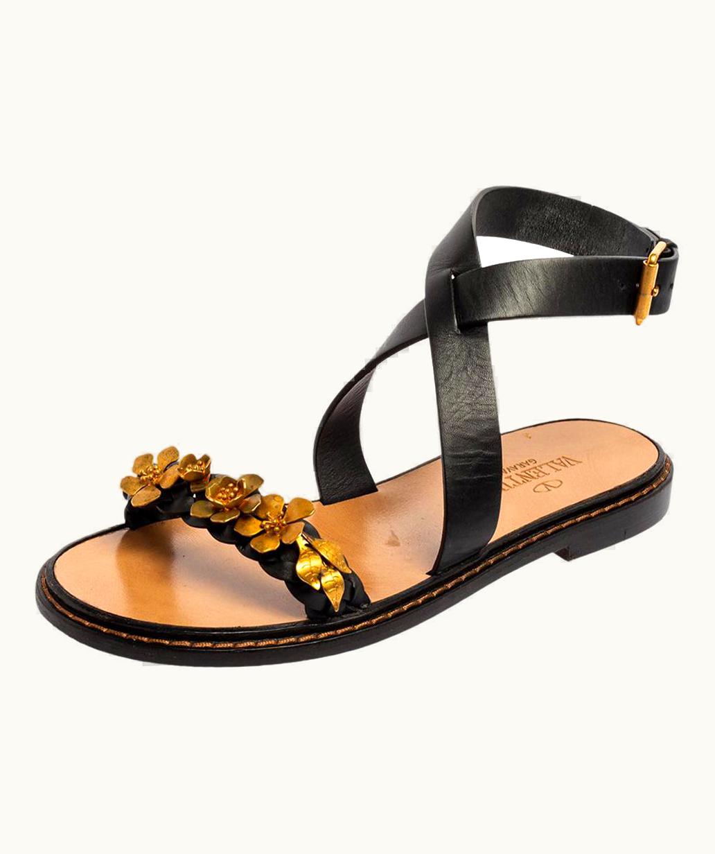 Valentino Black Leather Floral Testa Di Moro Ankle Strap Flat Sandals