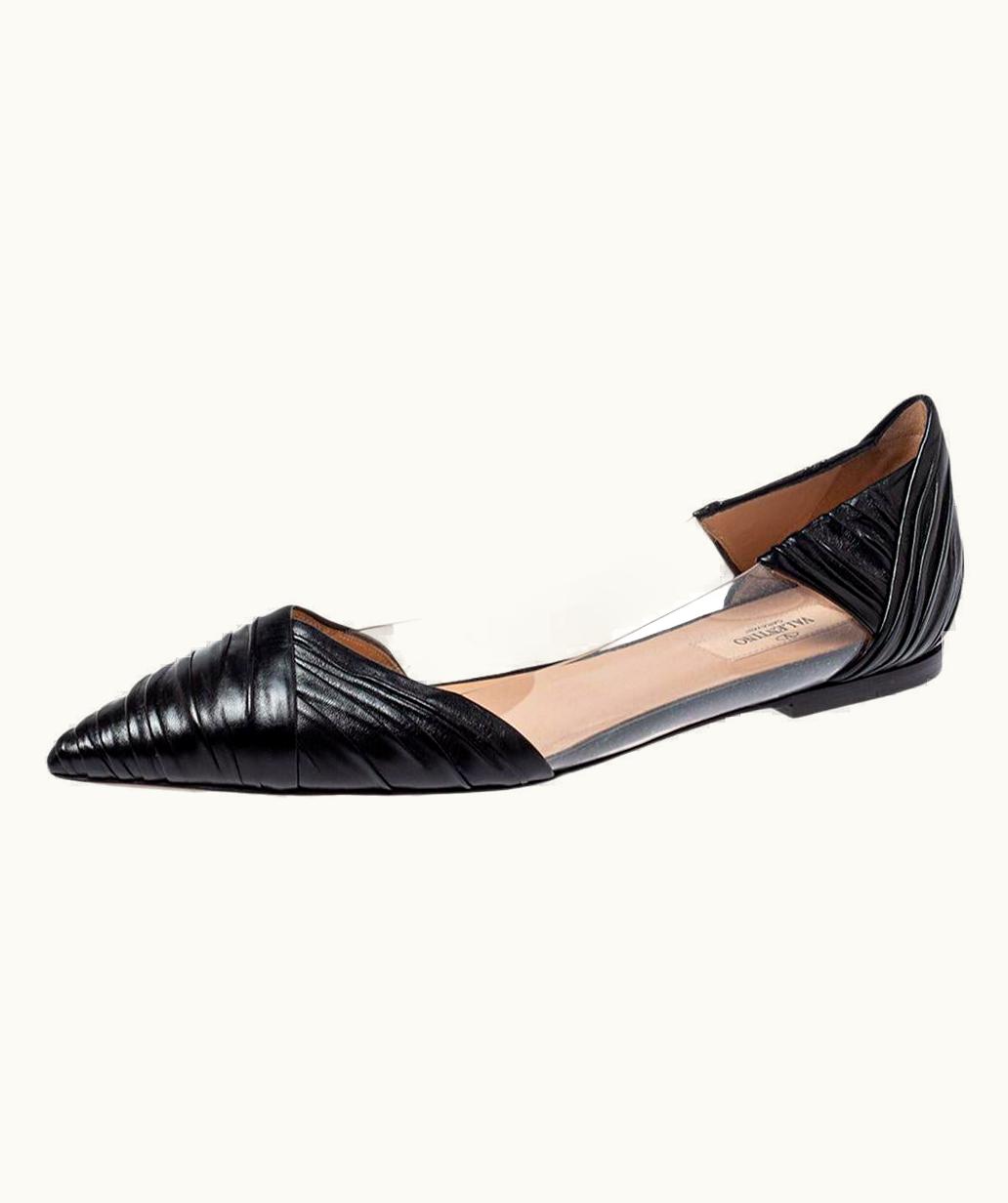 Valentino Black Leather And Pvc B Drape Pointed Toe Ballet Flats