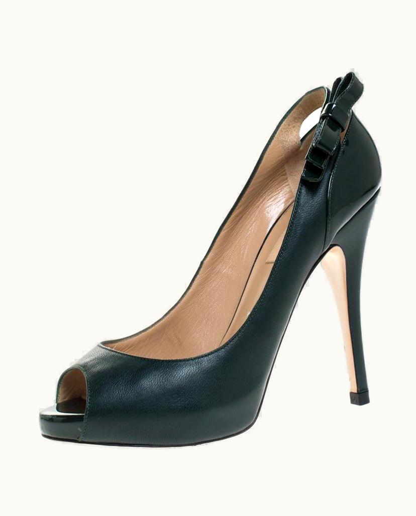 Valentino Green Leather And Patent Leather Bow Peep Toe Platform Pumps