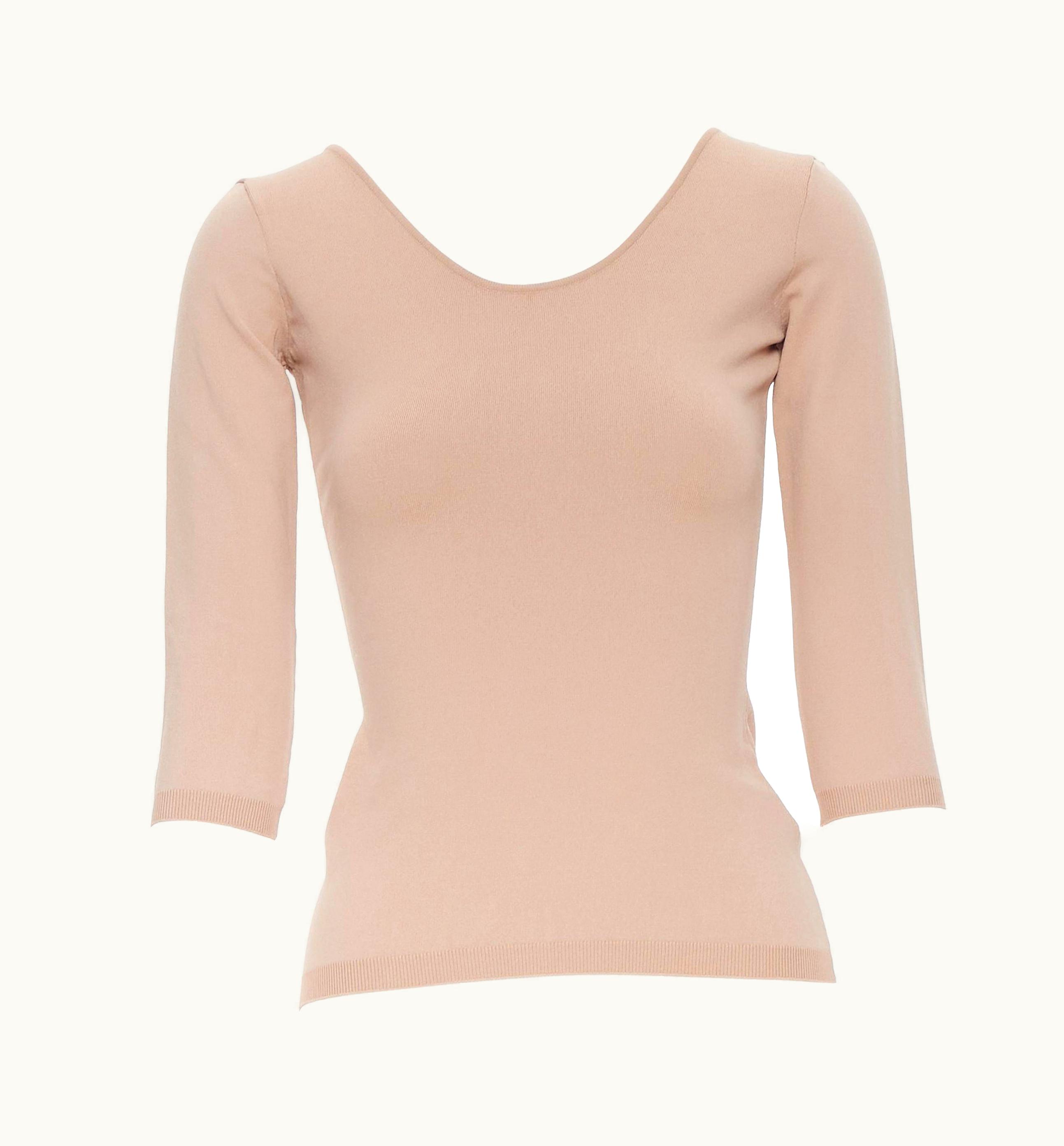 Valentino Nude Beige Viscose Knit U-neck 3/4 Sleeve Bodycon Stretch Top