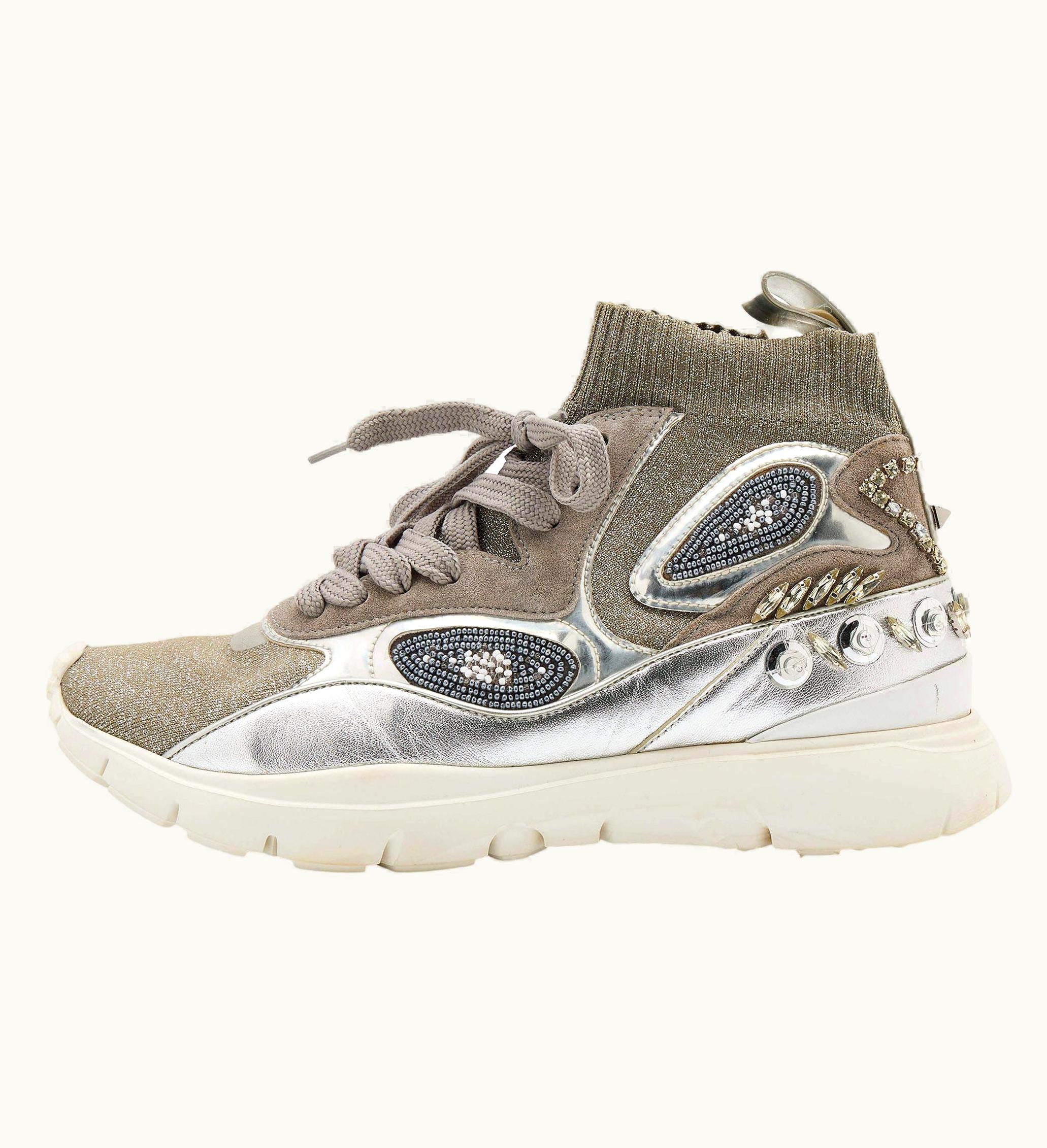 Valentino Silver/Grey Metallic Knit Fabric And Leather High Top Sneakers